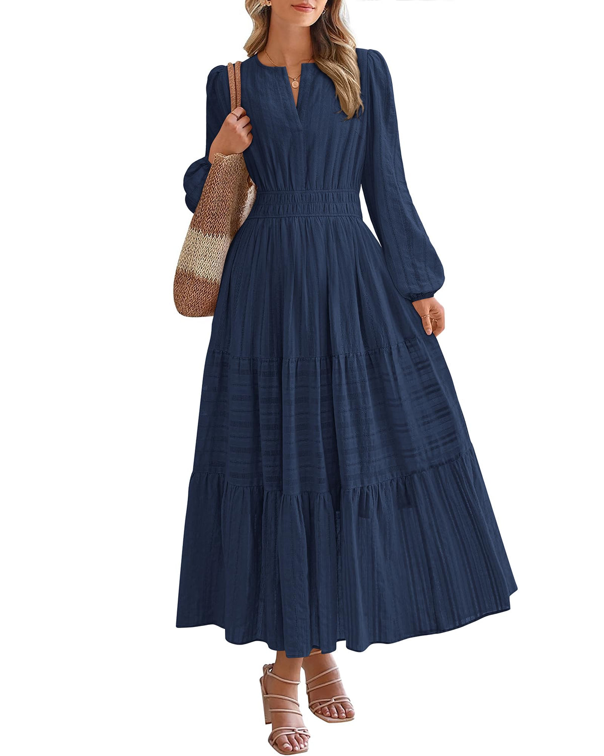 BTFBM Spring Dresses for Women 2026 Casual Long Sleeve V Neck Elastic Waist Lightweight Maxi Wedding Guest Dress Pockets