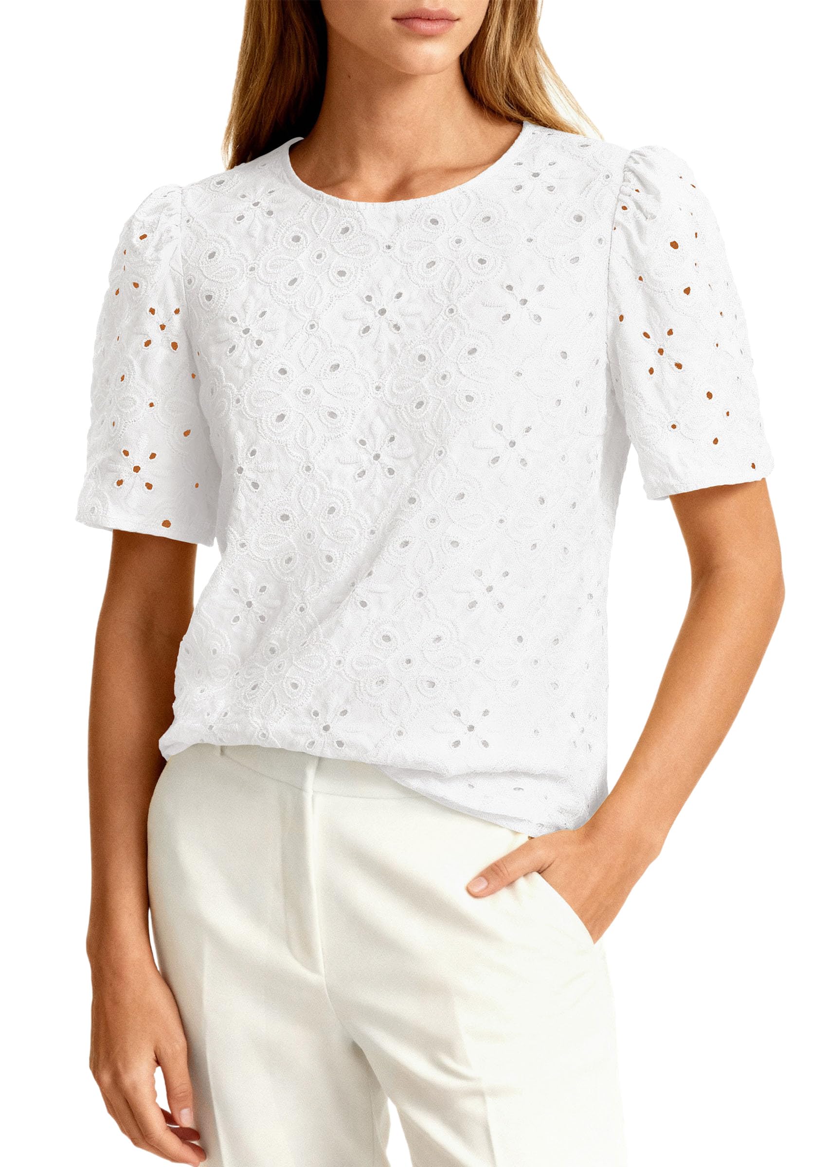 PRETTYGARDEN Women's Puff Short Sleeve Eyelet Shirts Summer Lace Blouses Dressy Casual Work Tops Spring Teacher Clothes