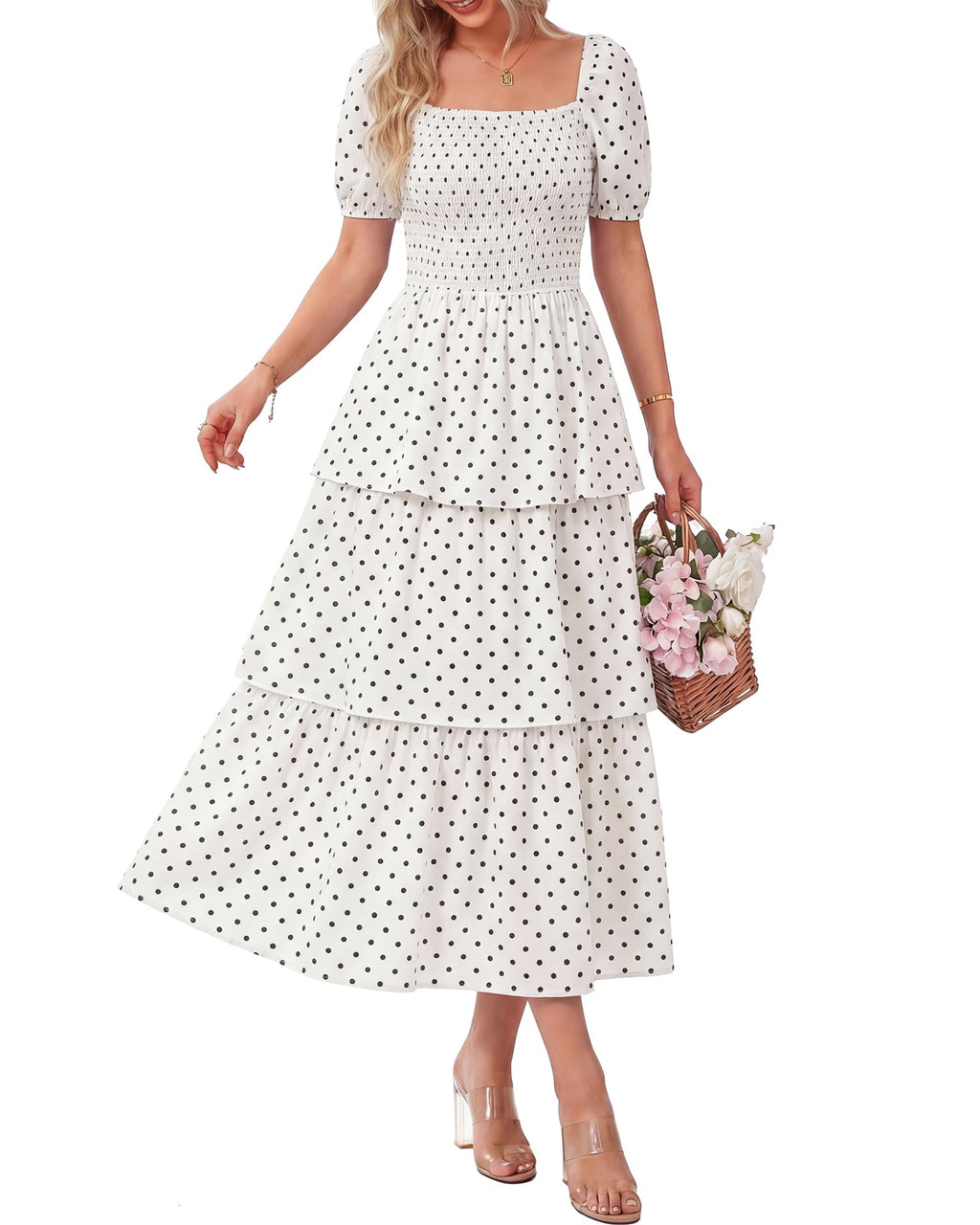 BTFBM Womens Square Neck Smocked Dress Summer Puff Short Sleeve Floral Casual Ruffle Tiered Maxi Wedding Guest Dresses