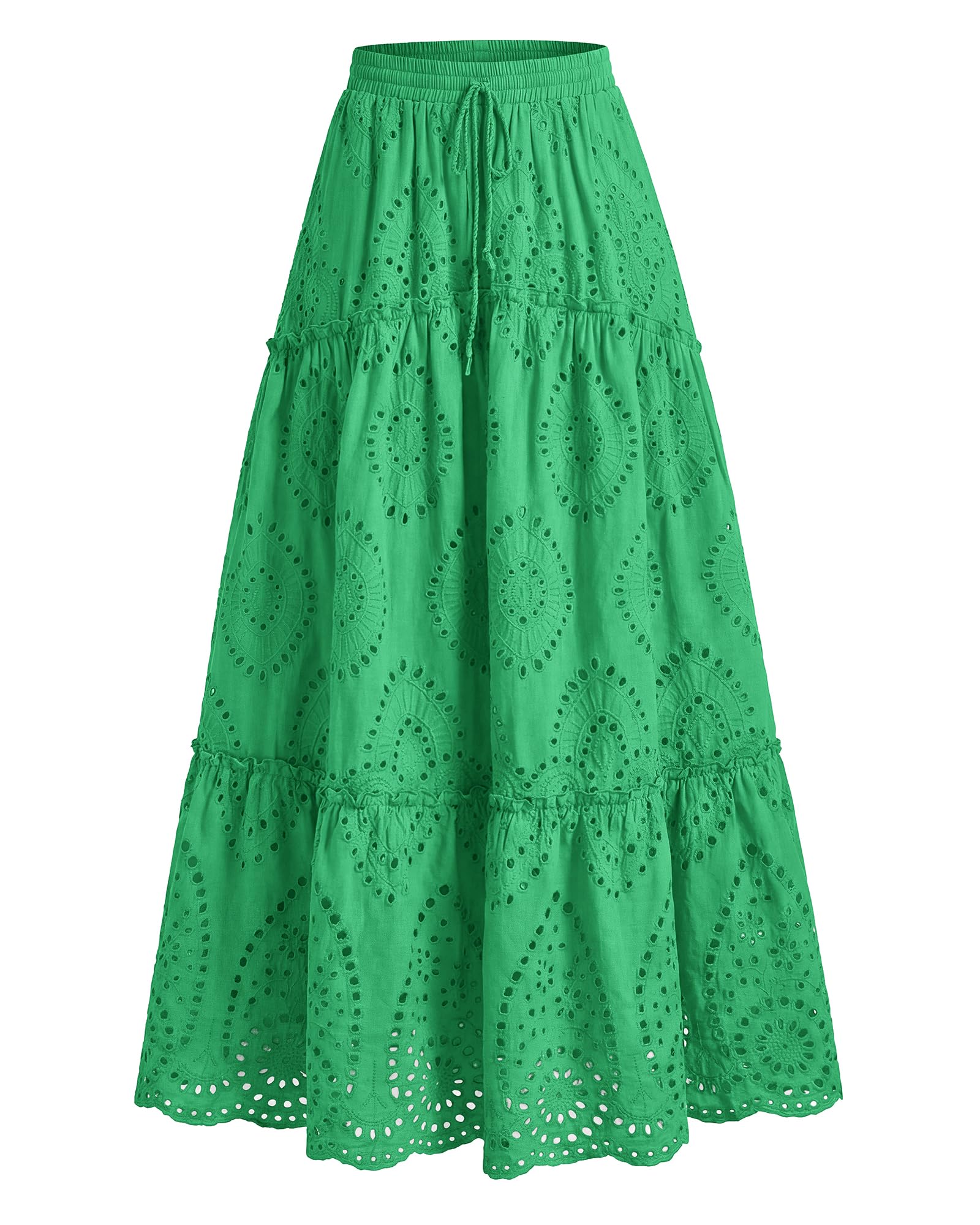 BTFBM Long Skirts for Women Summer Boho Lace Embroidery High Waist Flowy Tiered Spring Maxi Skirt Beach Vacation