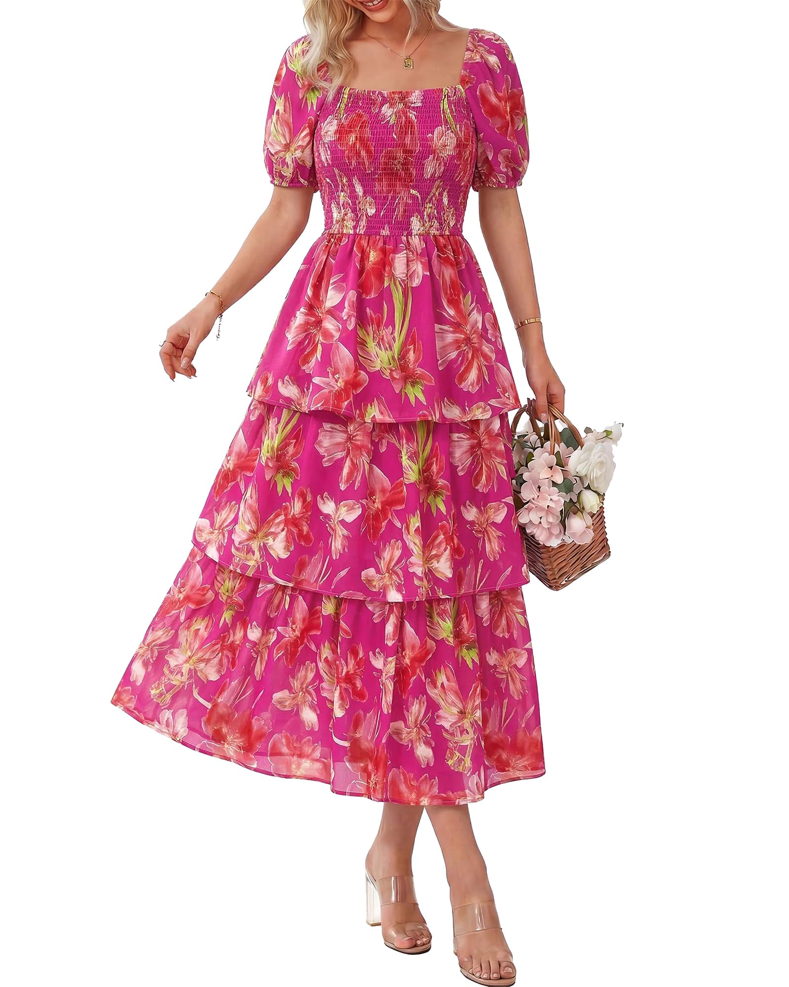 BTFBM Womens Square Neck Smocked Dress Summer Puff Short Sleeve Floral Casual Ruffle Tiered Maxi Wedding Guest Dresses