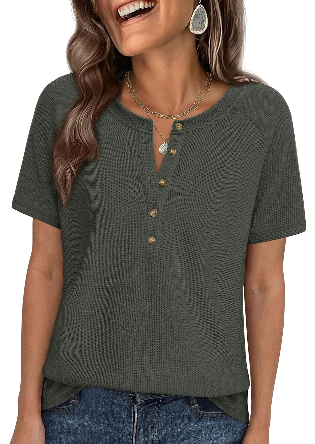 PRETTYGARDEN Waffle Knit Tops for Women Short Sleeve Henley Shirts  Summer Blouses Dressy Casual Spring Fashion Clothes