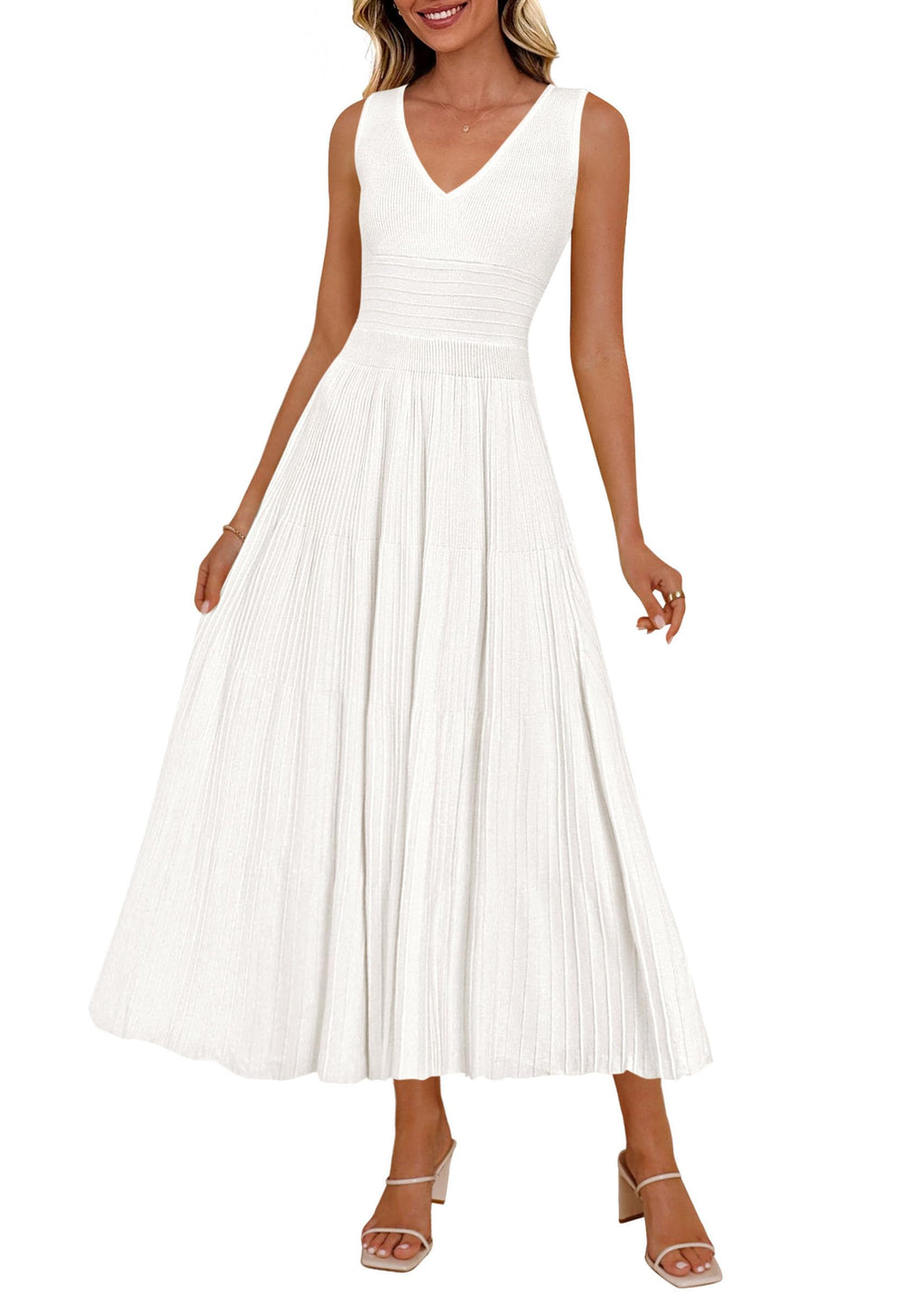 PRETTYGARDEN Women's Summer Casual Dresses Spring Sleeveless V Neck Knit Midi Business Work A Line Cocktail Dress