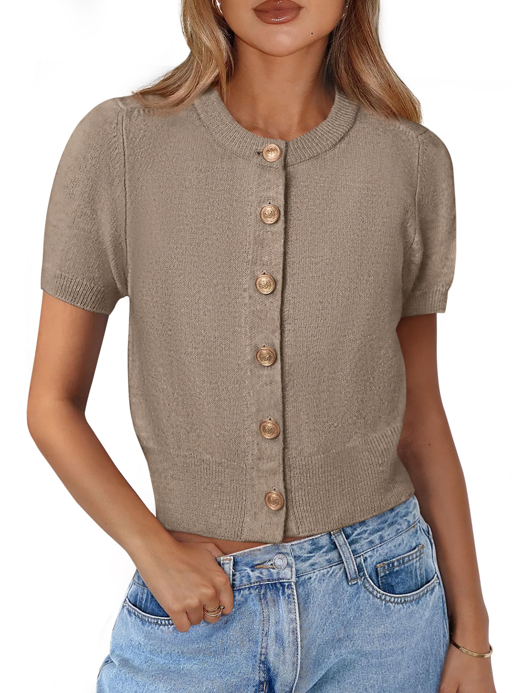 PRETTYGARDEN Womens Casual Summer Short Sleeve Cardigans Button Down Knitted Sweater Basic Crew Neck Crop Tops