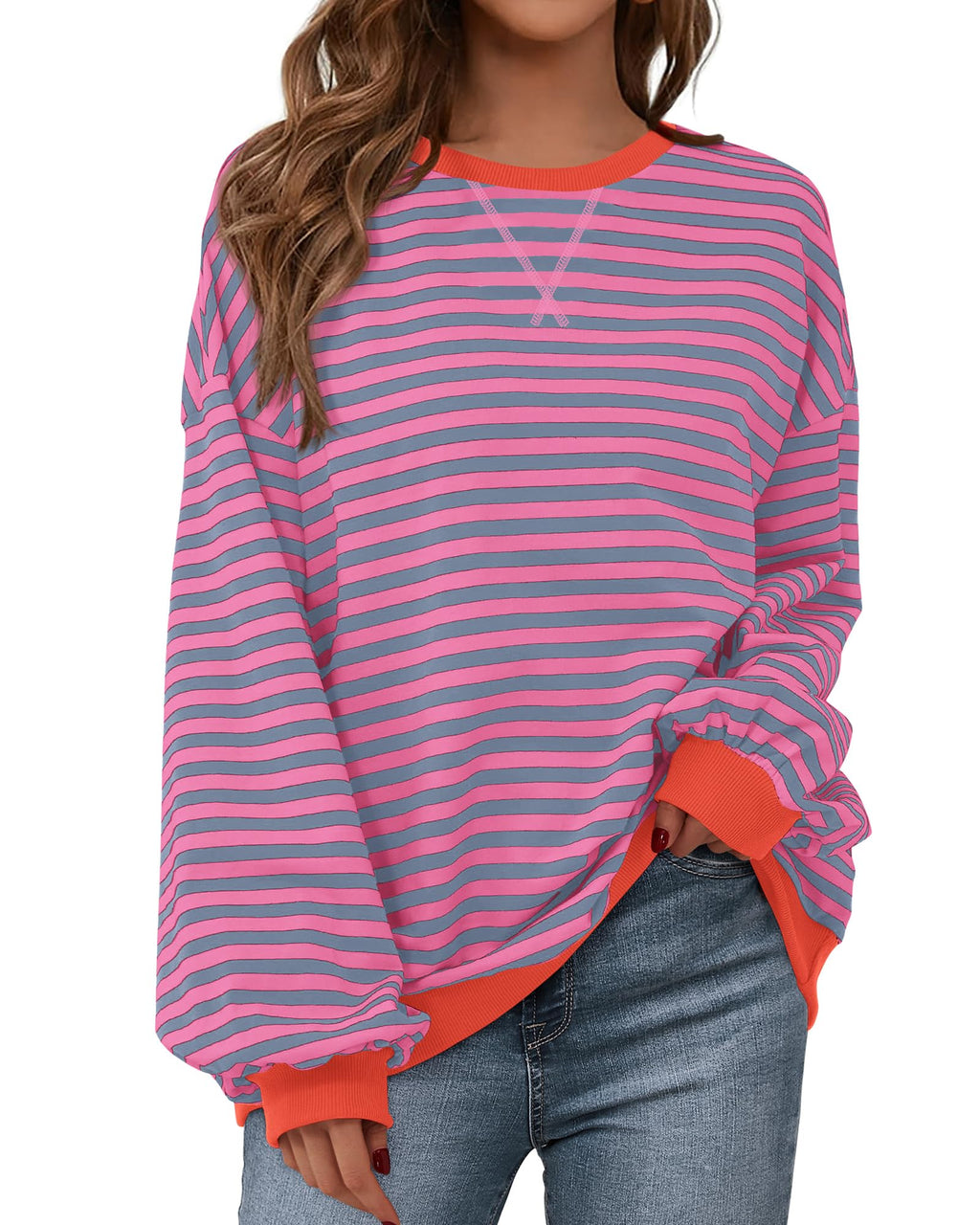 BTFBM Sweatshirt For Women Summer Crewneck Long Sleeve Oversized Striped Pullover Tops Y2K Clothes Workout Shirt