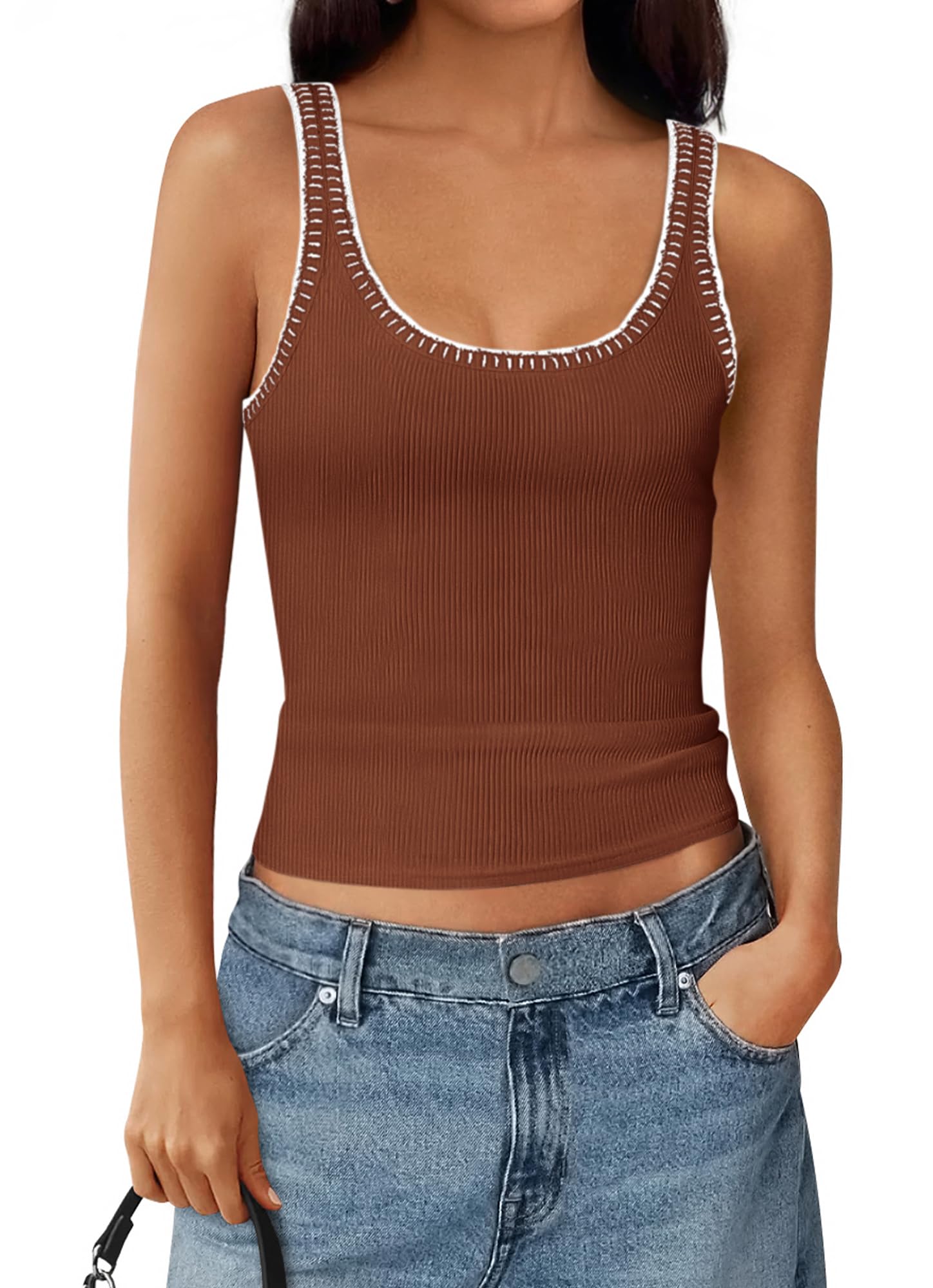 FreshPretty Sleeveless Tops for Women Summer Scoop Neck Tank Stitch Ribbed Knit Sweater Vest Casual Beach Vacation Outfit