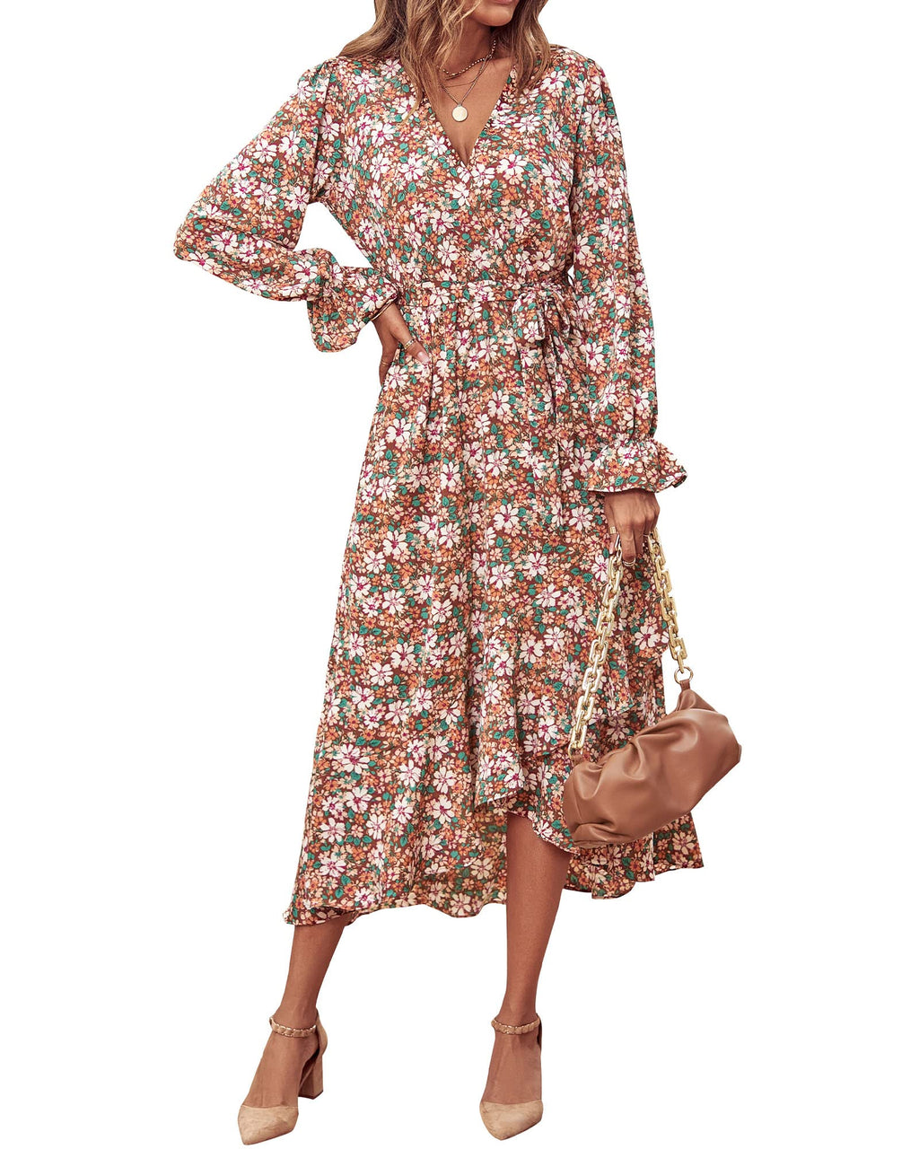 BTFBM Womens Dresses Summer V Neck Floral High Waist Ruffle Wedding Guest Cocktail Boho Spring Long Sleeve Dress