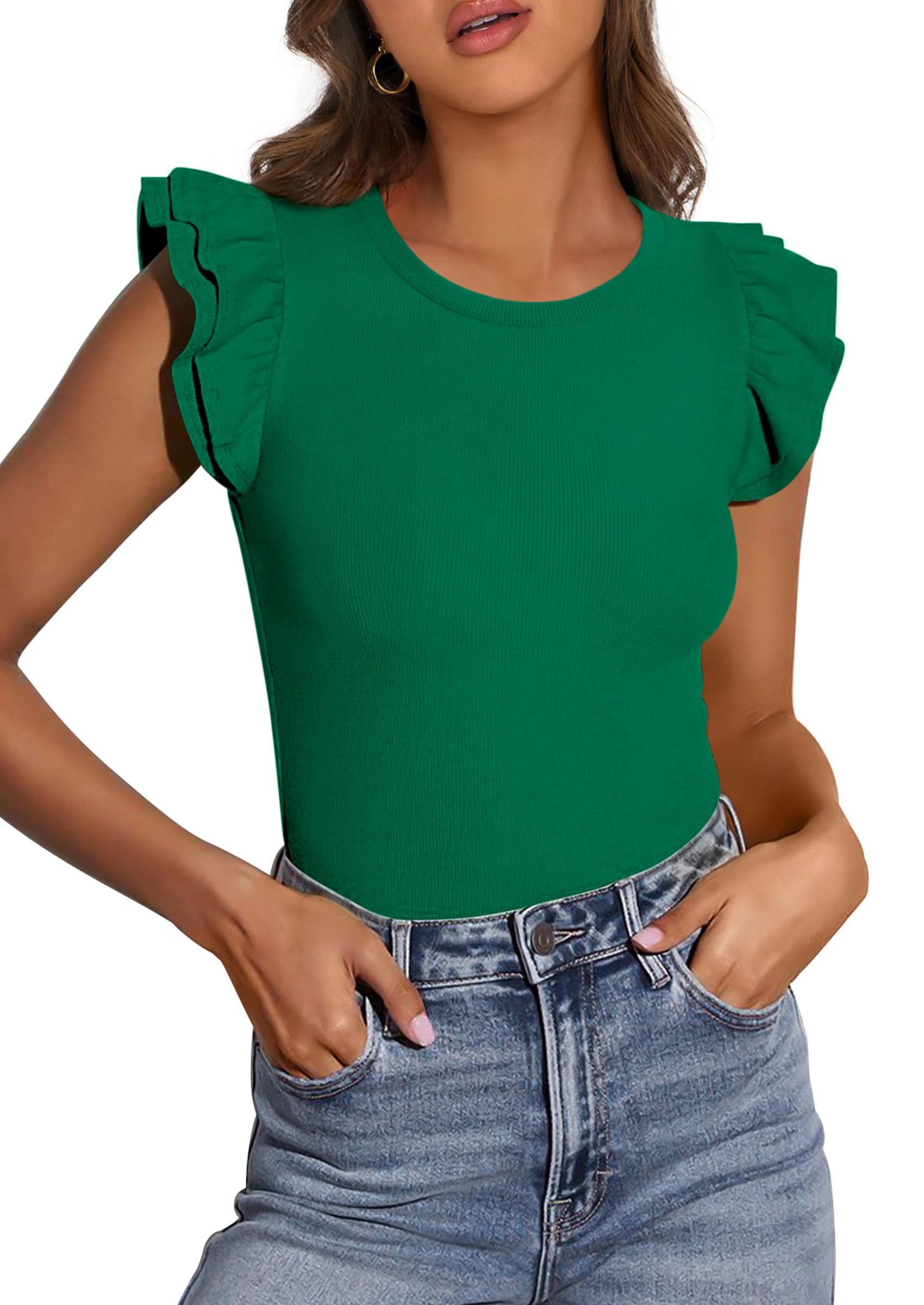 PRETTYGARDEN Womens Summer Crew Neck T Shirts Trendy Ruffle Sleeve Slim Fit Knit Going Out Tops Casual Spring Clothes