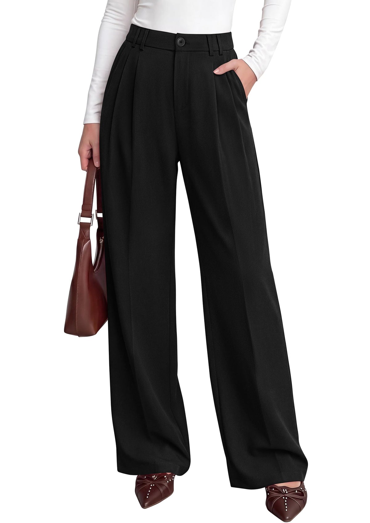PRETTYGARDEN Women's Dress Pants Wide Leg Flowy Trousers High Waisted Palazzo Pants, Pleated Front, Side Pockets, Work Office Wear, Business Casual Outfits, Fall Fashion Clothing
