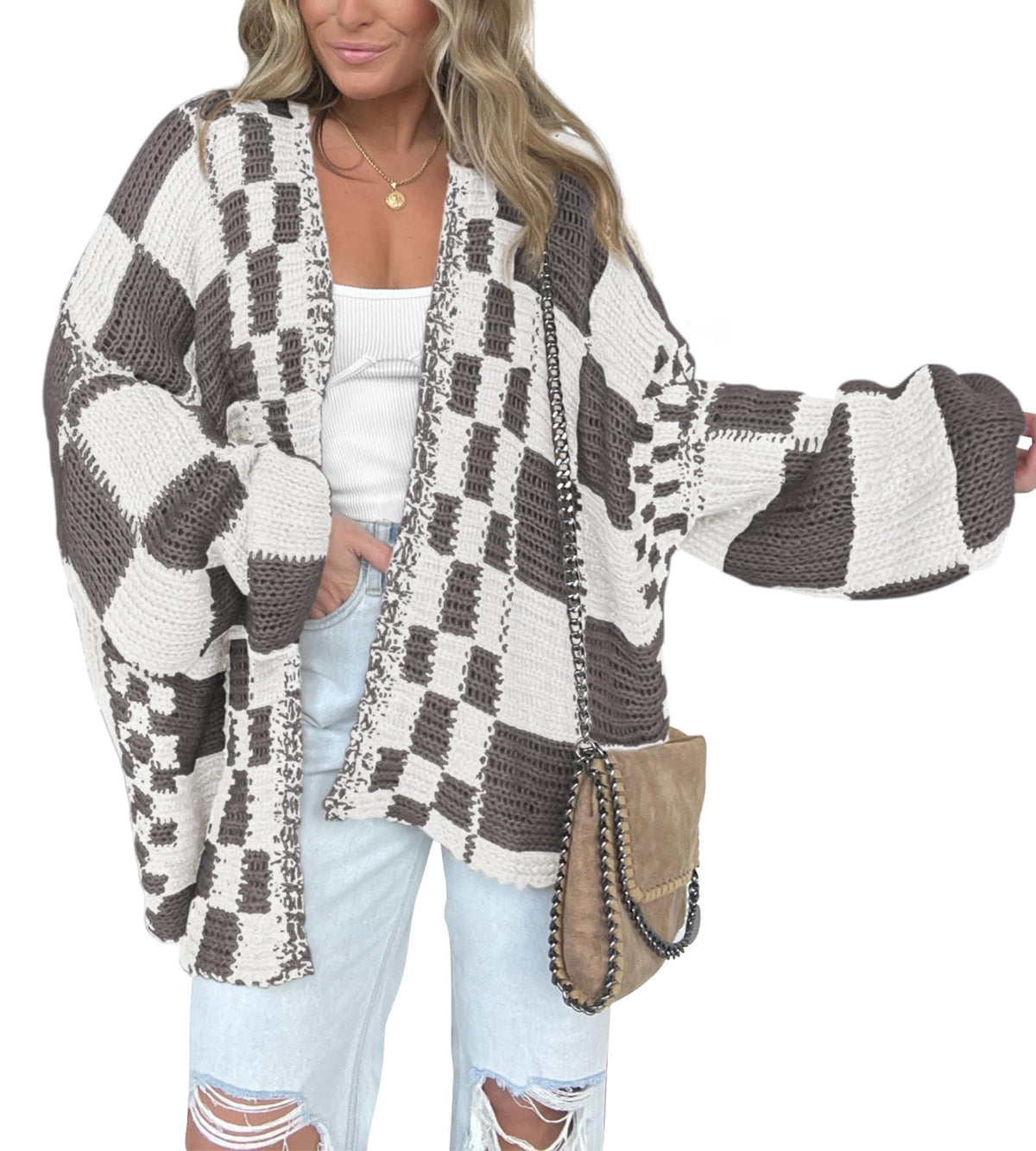 BTFBM Casual Cardigan Sweater for Women Fall Long Sleeve Sweaters Fall Outfits, Loose Fit,Solid,Open Front Chunky Knit Sweaters,Chunky Cardigan Sweaters For Women,Checkered Outwear Coat