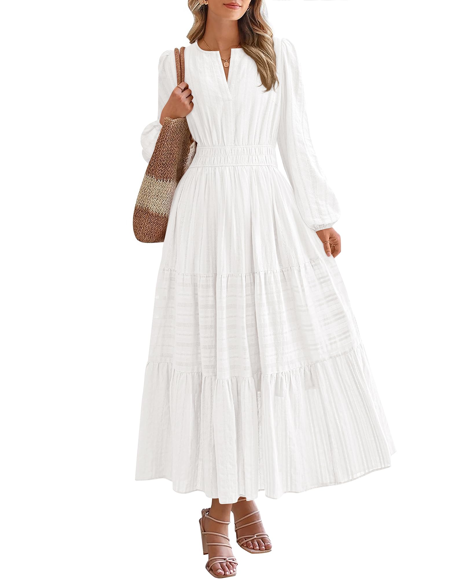 BTFBM Spring Dresses for Women 2026 Casual Long Sleeve V Neck Elastic Waist Lightweight Maxi Wedding Guest Dress Pockets