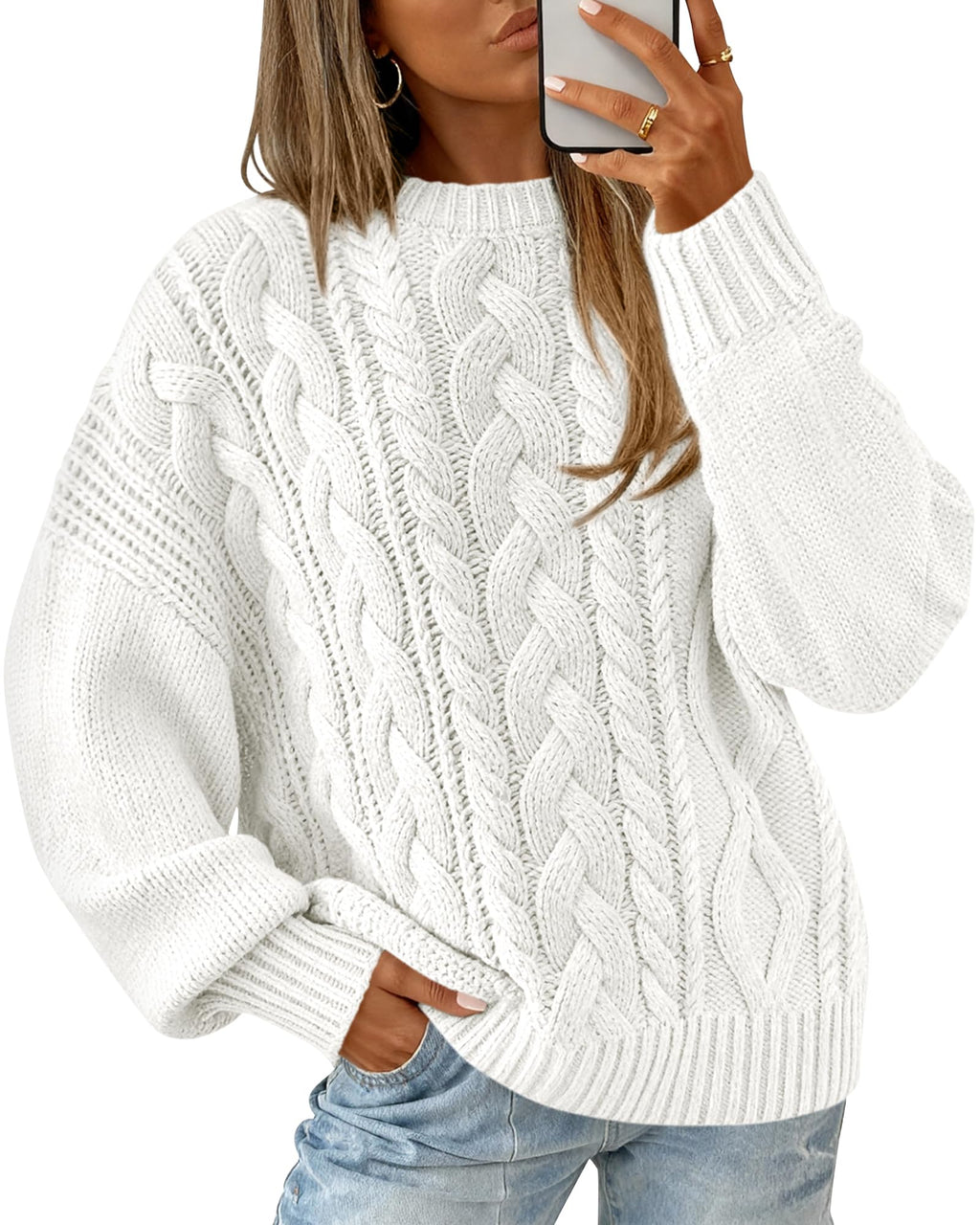 BTFBM Women's Oversized Sweaters Batwing Long Sleeve Cable Knit Crewneck Pullover Tops Fall Outfits Winter Clothing