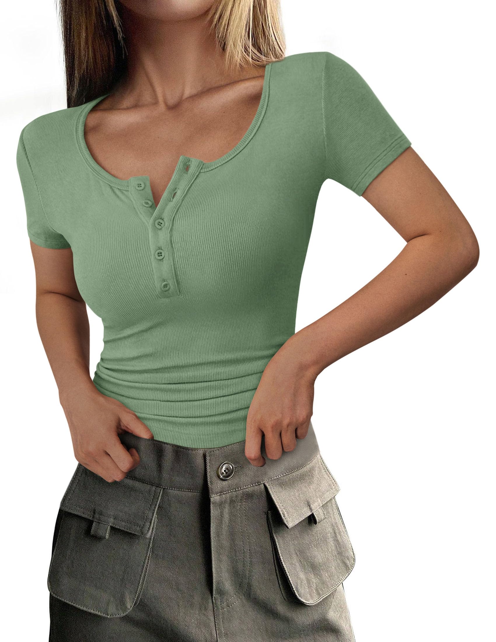 PRETTYGARDEN Women's  Fall Summer Short Sleeve Tops Ribbed Henley Button Slim Fit Basic Casual T Shirts Blouse Clothing