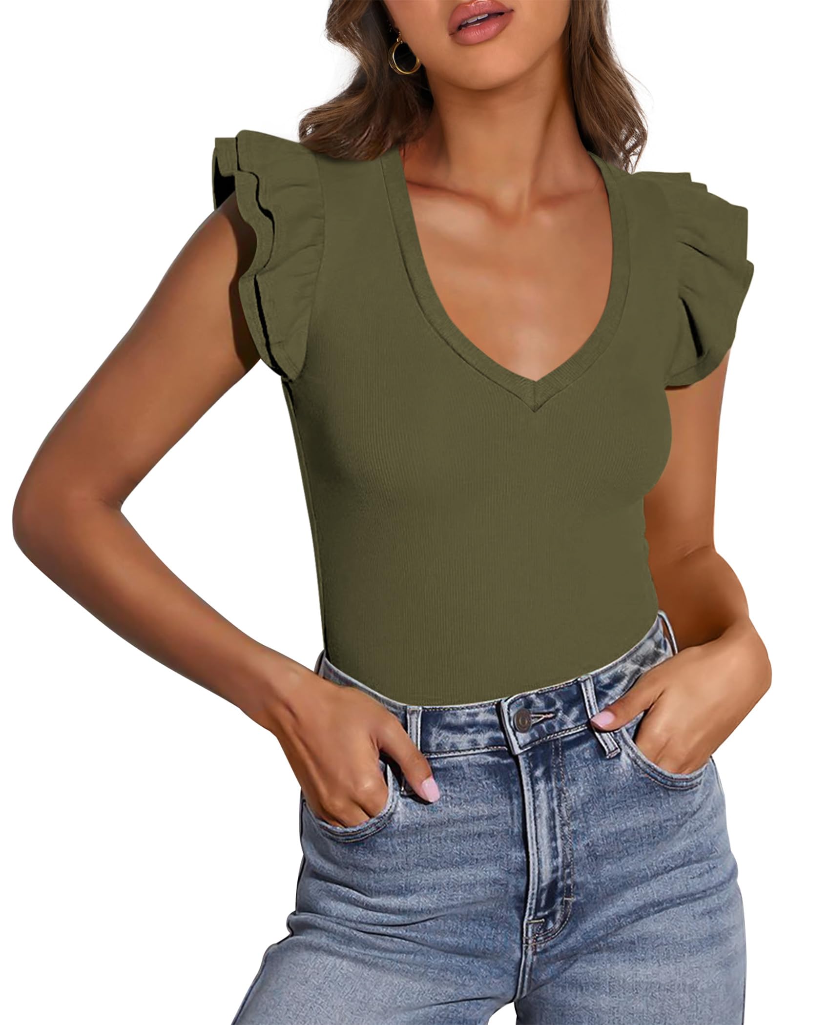 PRETTYGARDEN Womens V Neck Summer Tops Ruffle Sleeveless Slim Fit T Shirts Going Out Casual Blouses
