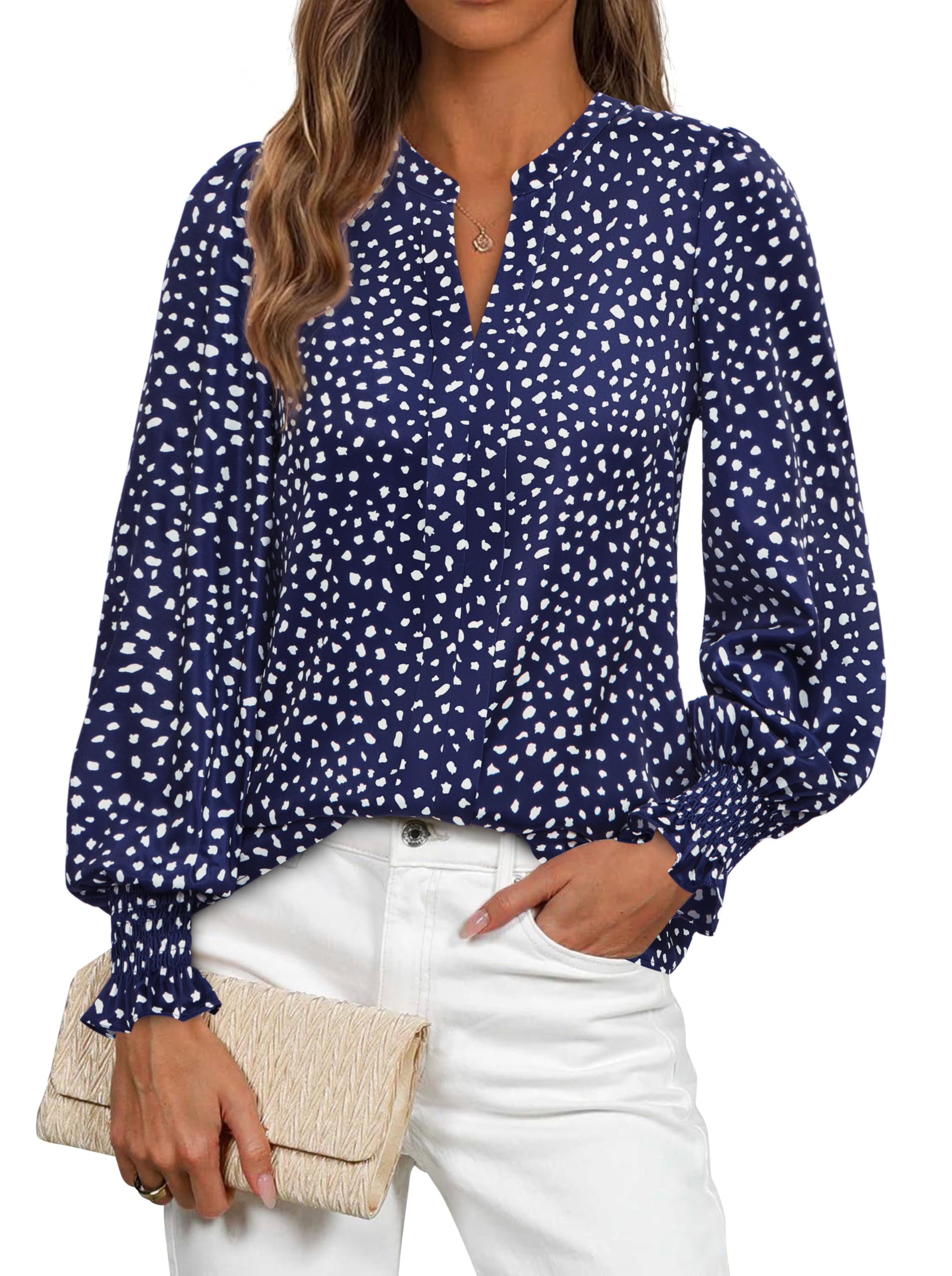 FreshPretty Womens Boho Floral Long Sleeve Tops Fall Fashion V Neck Loose Chiffon Work Blouses Dressy Casual Ruffle Shirts