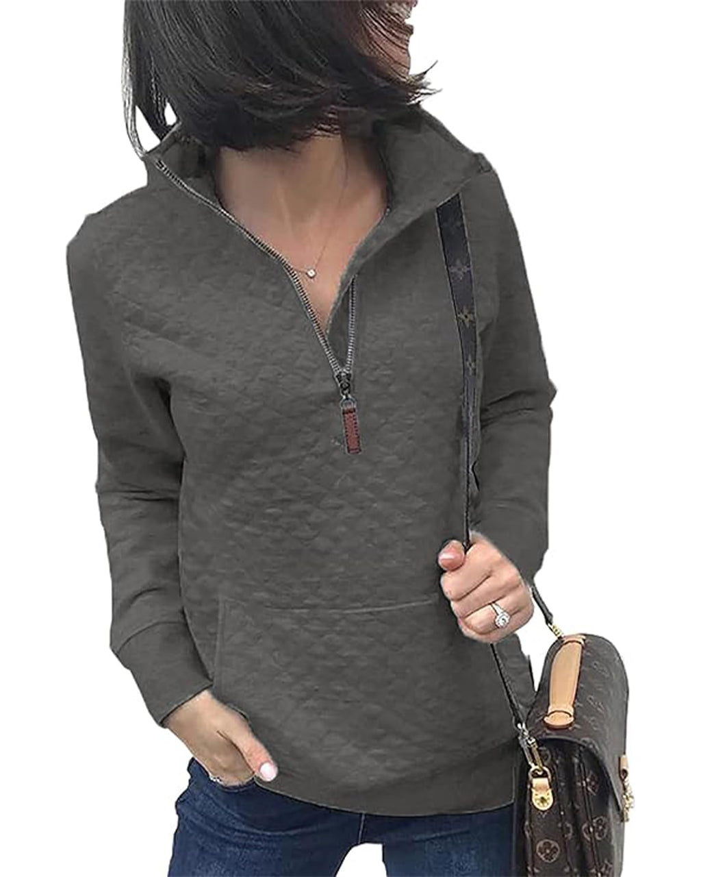 BTFBM Women Fashion Quilted Pattern Lightweight Zipper Long Sleeve Plain Casual Ladies Sweatshirts Pullovers Shirts Tops