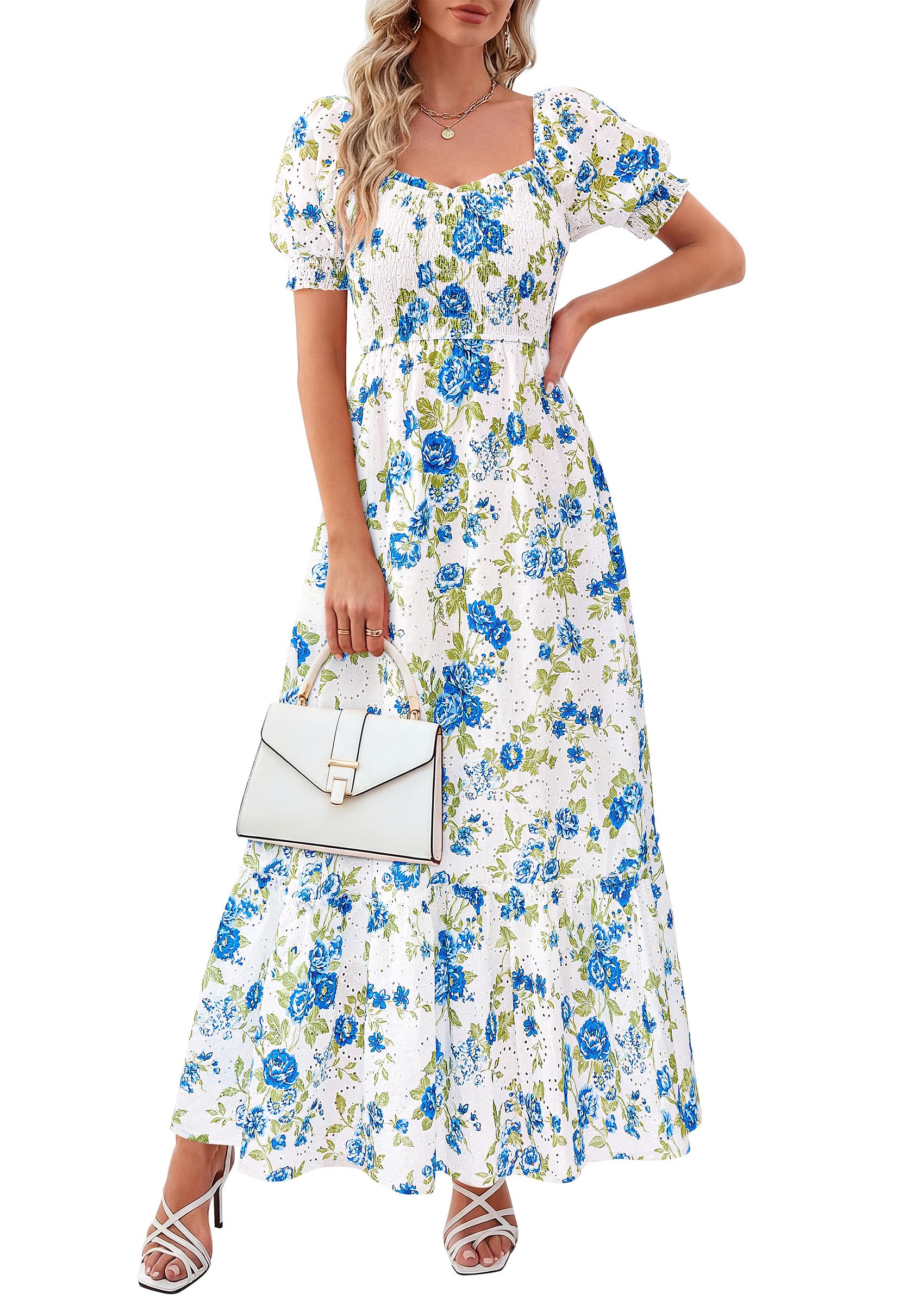 PRETTYGARDEN Women's Floral Boho Maxi Dresses Flowy Short Sleeve A Line Smocked Eyelet Summer Beach Vacation Clothes