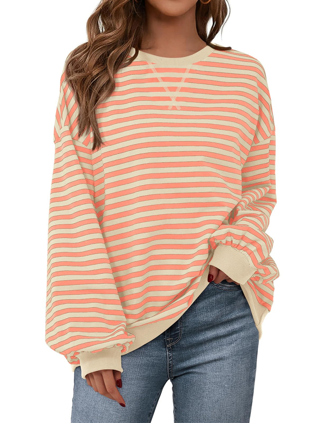 PRETTYGARDEN Womens Striped Oversized Sweatshirt Color Block Crew Neck Long Sleeve Casual Loose Pullover Top Y2K Clothes