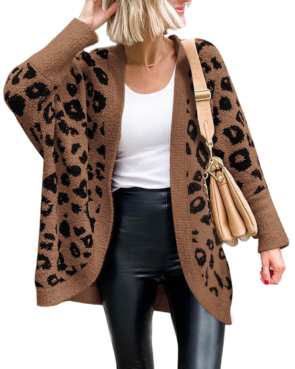 BTFBM Leopard Cardigan for Women Long Sleeve Open Front Cardigans Sweaters Pockets Loose Knit Fall Spring Outwear