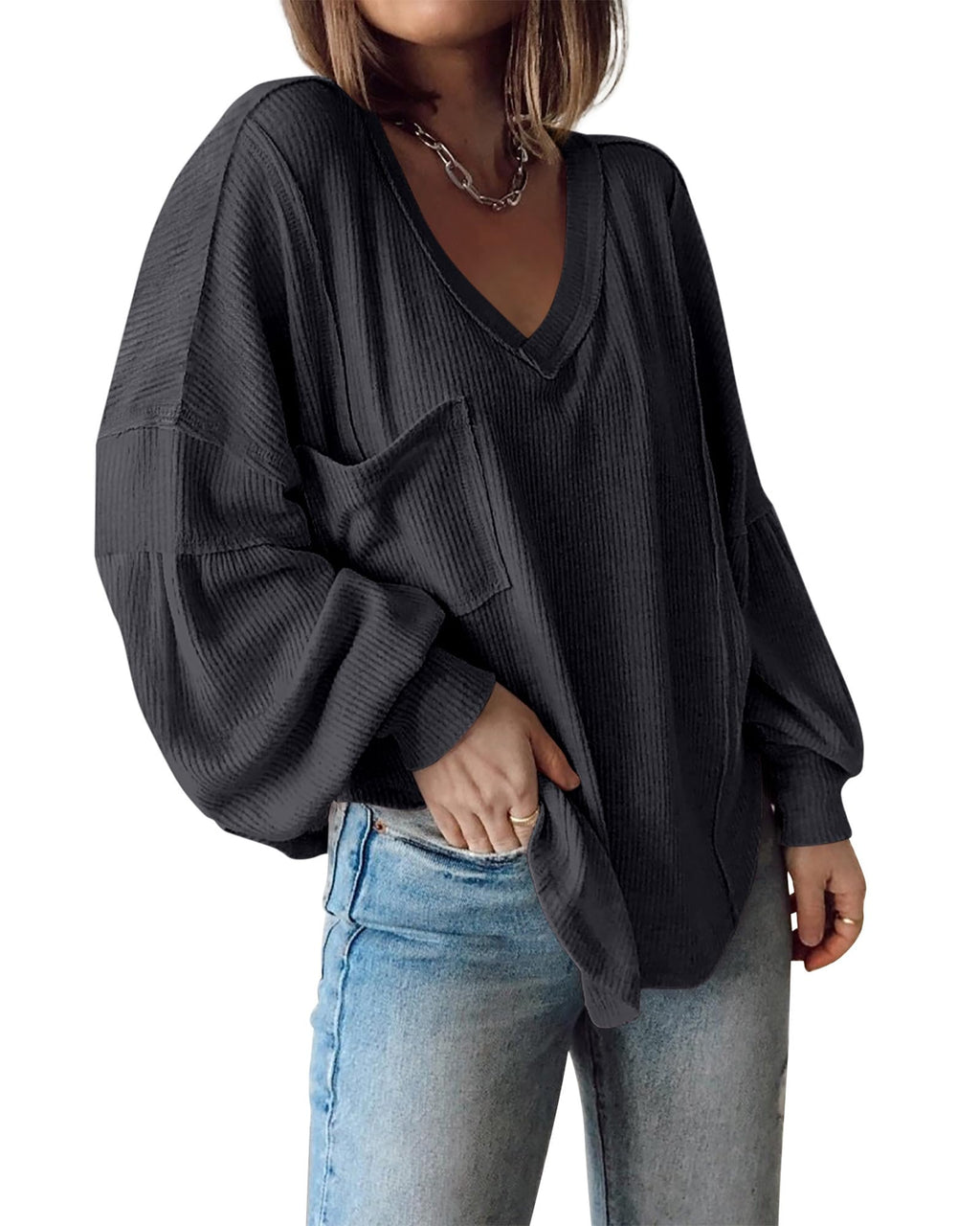 FreshPretty Womens Fall Fashion Long Sleeve Shirts Casual V Neck Ribbed Knit Blouses Pullover Trendy Loose Fit Tunic Tops