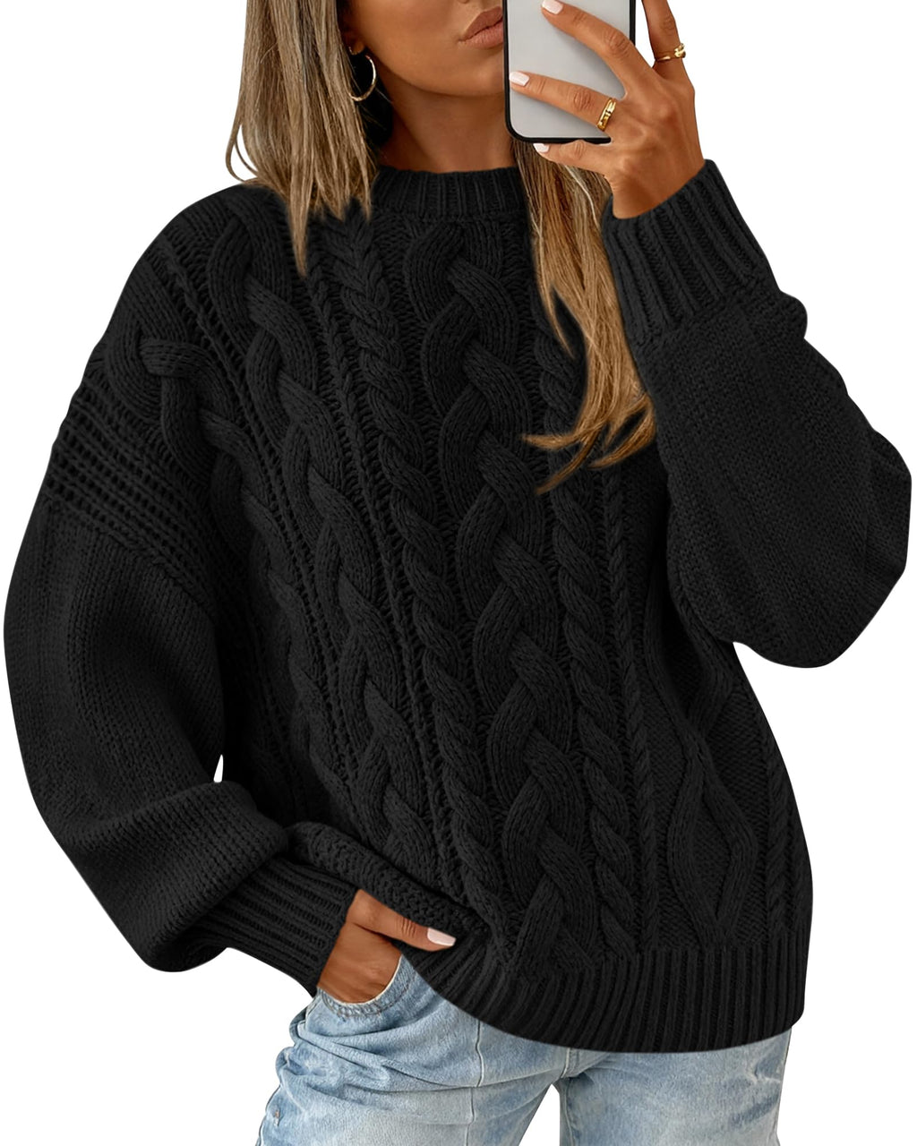 BTFBM Women's Oversized Sweaters Batwing Long Sleeve Cable Knit Crewneck Pullover Tops Fall Outfits Winter Clothing