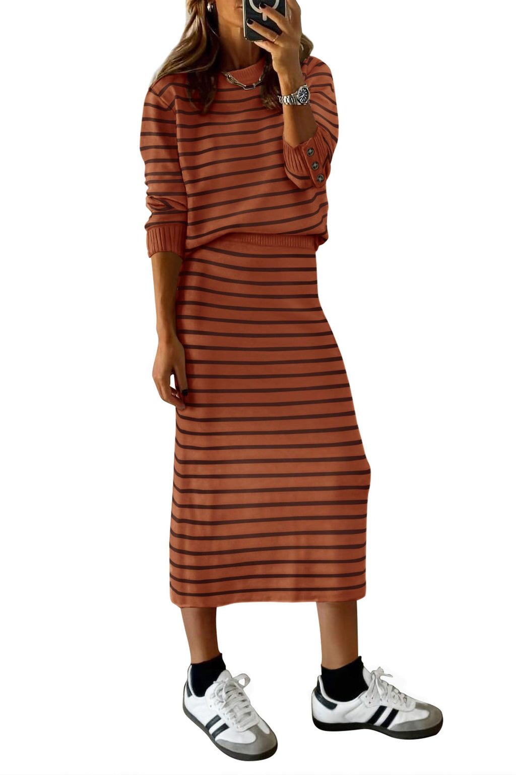PRETTYGARDEN 2 Piece Skirts Sets For Women Fall Fashion Striped Sweater Dress Knit Lounge Travel Outfits Winter Clothing