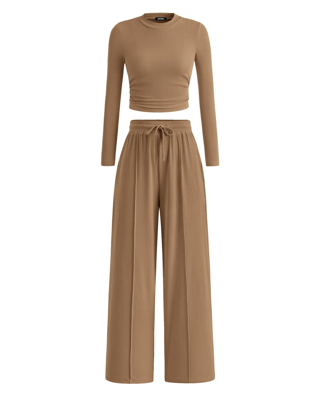 BTFBM Casual 2 Piece Sets For Women Fall Outfits Ribbed Spring Long Sleeve Crop Top Wide Leg Pants Matching Lounge Set