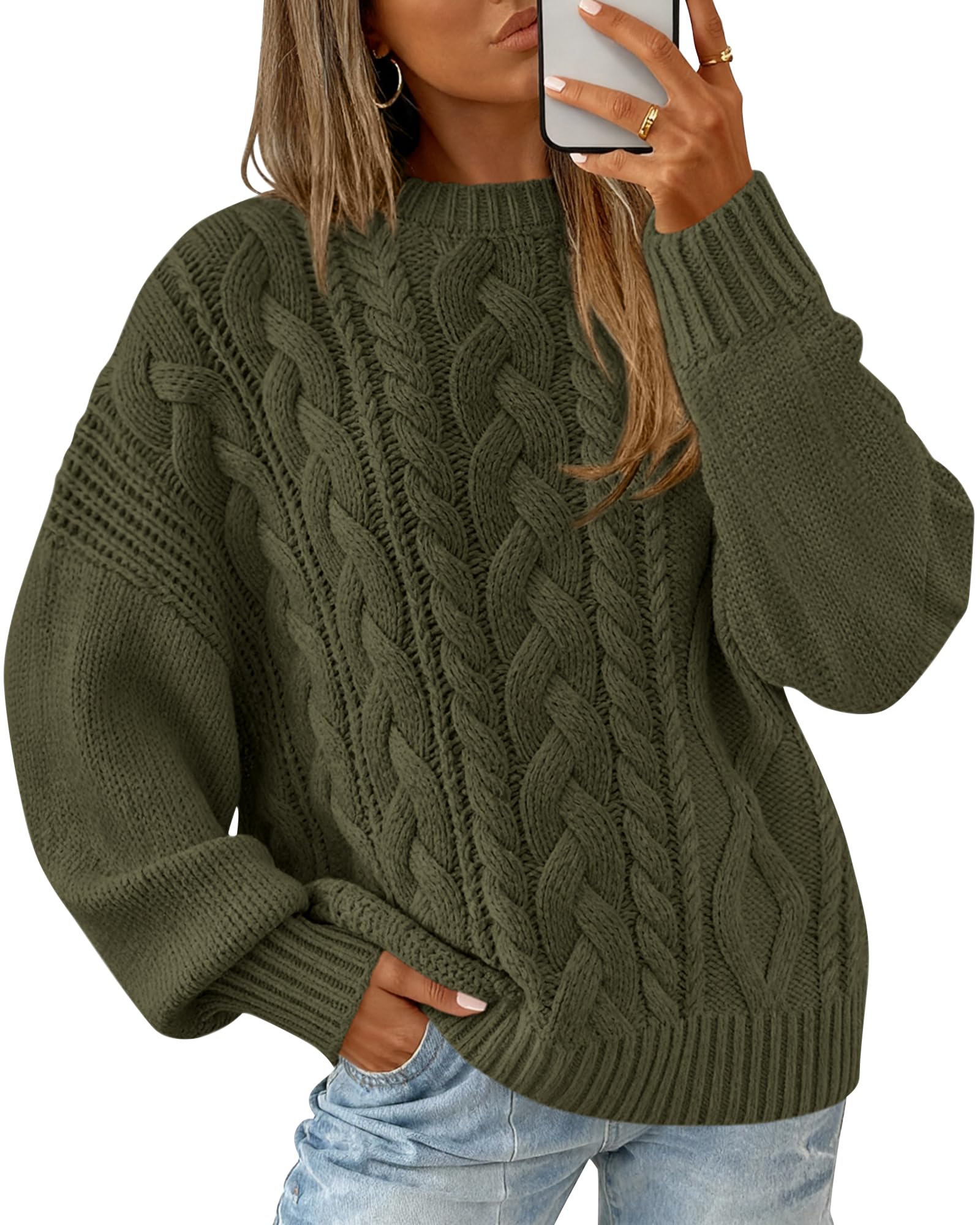 BTFBM Women's Oversized Sweaters Batwing Long Sleeve Cable Knit Crewneck Pullover Tops Fall Outfits Winter Clothing