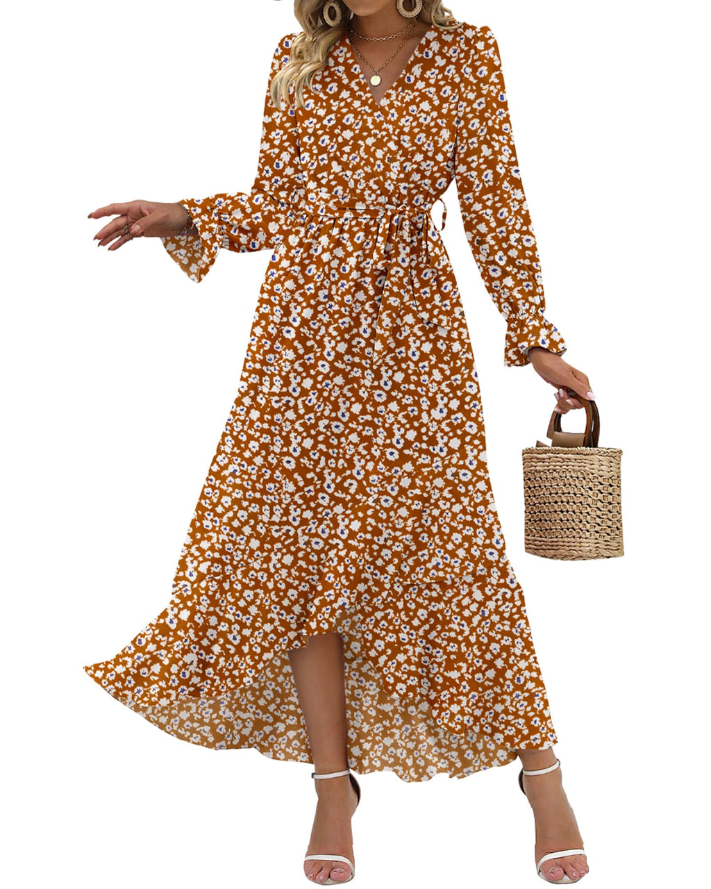 BTFBM Womens Dresses Summer V Neck Floral High Waist Ruffle Wedding Guest Cocktail Boho Spring Long Sleeve Dress