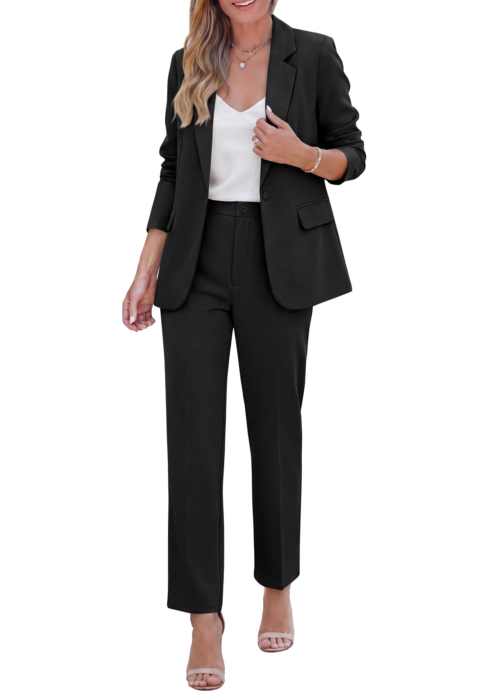 PRETTYGARDEN Two Piece Sets for Women Dressy Pant Suits Lapel Blazer,Straight Leg Dress Pants,Professional Interview Suit Set,Business Casual Outfits,Office Work Clothes,Fall Winter