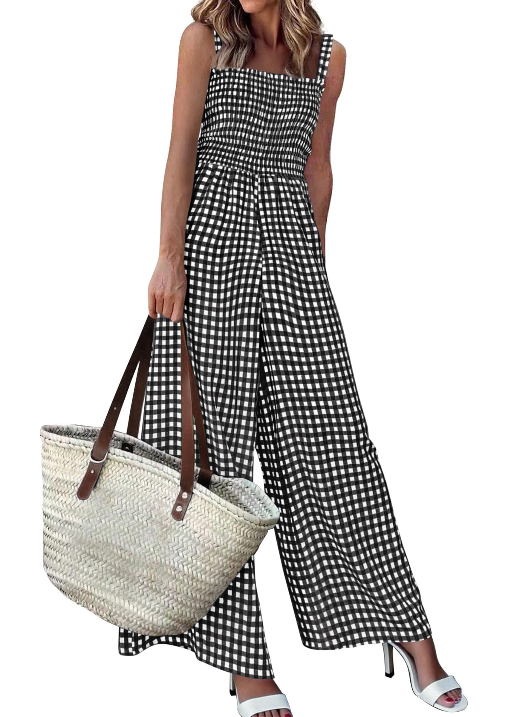 PRETTYGARDEN One Piece Jumpsuits for Women Casual Summer Cruise Outfits  Spring Fashion Smocked Wide Leg Gingham Rompers