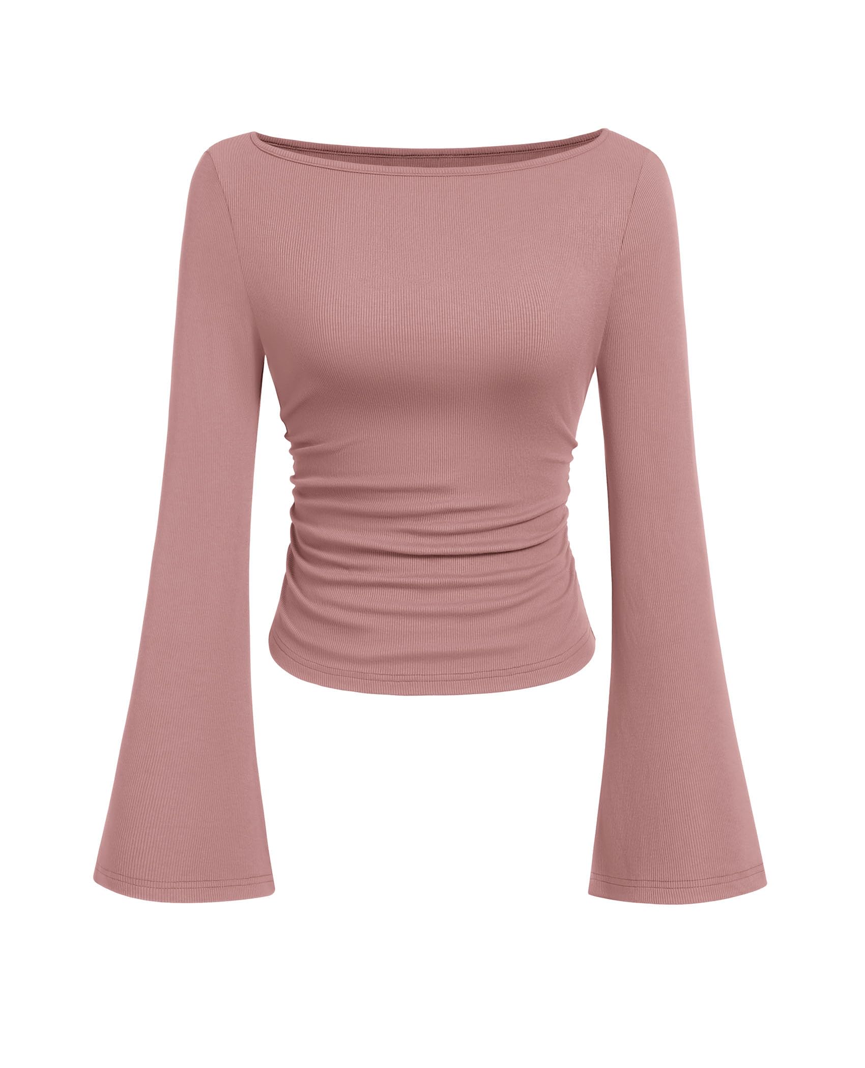 PRETTYGARDEN Women's Long Sleeve Shirts Fall Crop Going Out Tops Casual Boat Neck Bell Sleeve Ribbed Ruched Y2K Clothes