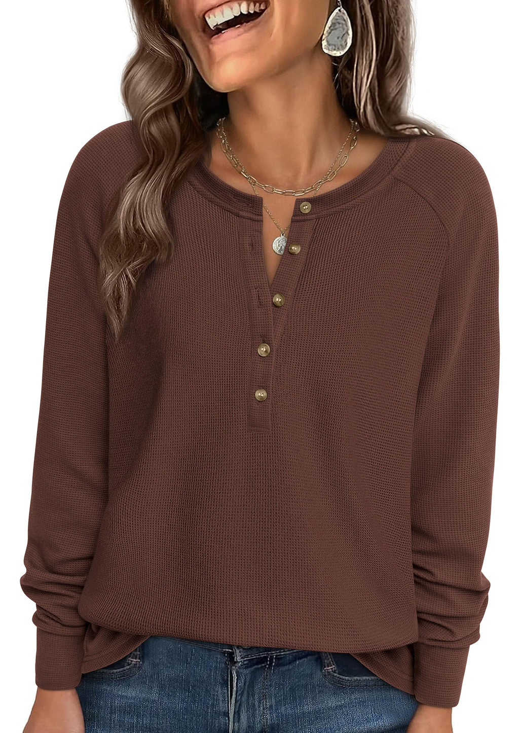 PRETTYGARDEN Women's Long Sleeve Waffle Knit Shirts Fall Casual Button Up Henley V Neck Tunic Tops Loose Fit Basic Tees