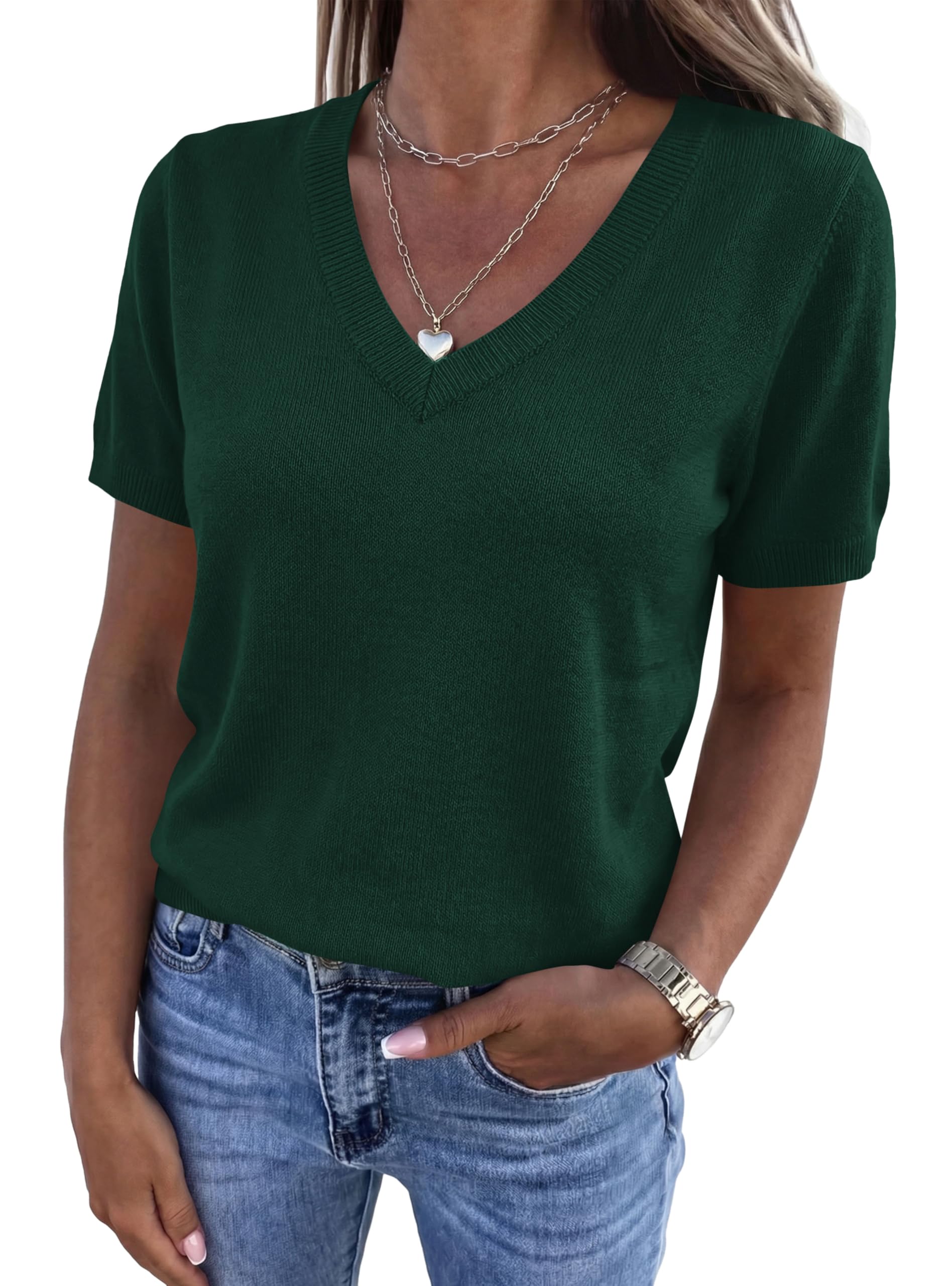 PRETTYGARDEN Womens Short Sleeve Sweater V Neck Trendy Pullover Tops Summer Spring Loose Lightweight Casual Blouse