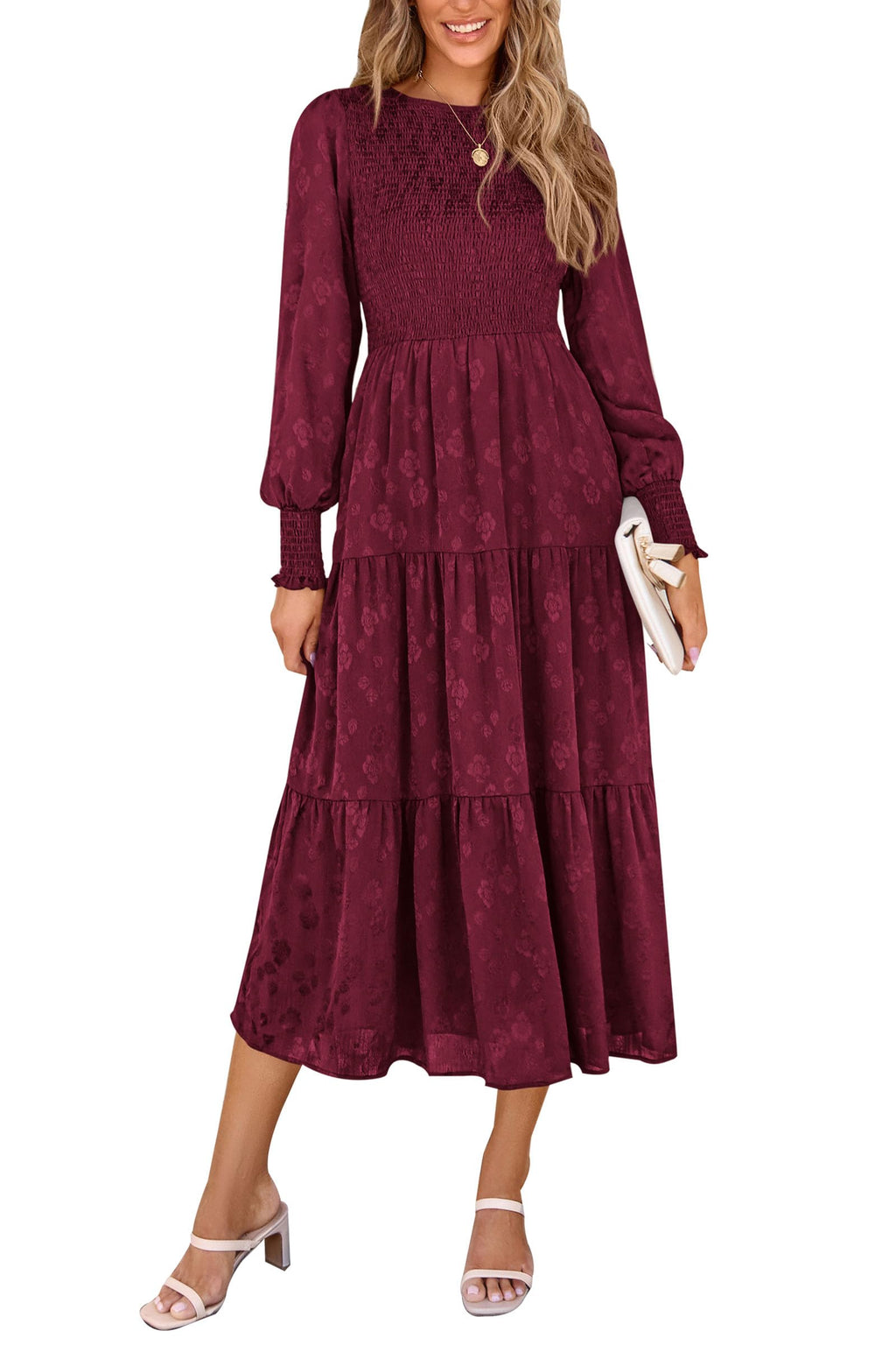 PRETTYGARDEN Women's Fall Spring Midi Dress Long Sleeve Floral Smocked Elegant Wedding Guest Long Flowy Dresses with Pockets