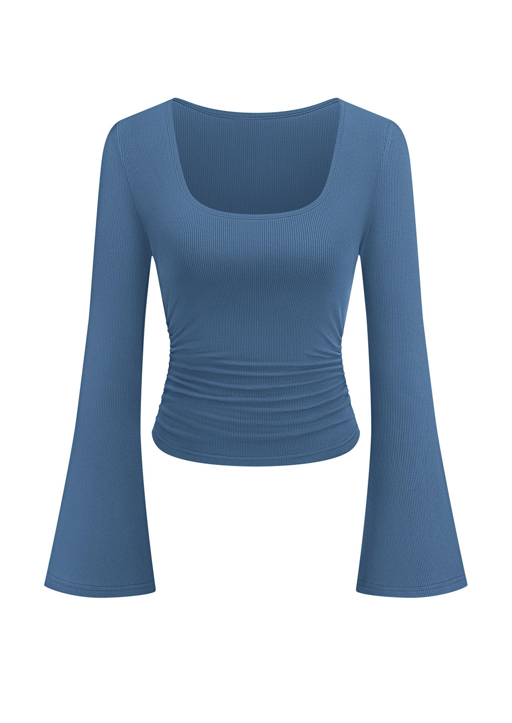 PRETTYGARDEN Womens Bell Long Sleeve Shirts Going Out Tops | Soft Stretchy Ribbed Knit, Square Neck, Slim Fit Y2K Clothes, Trendy Side Ruched, Layering Tee for Casual Fall & Winter Wear