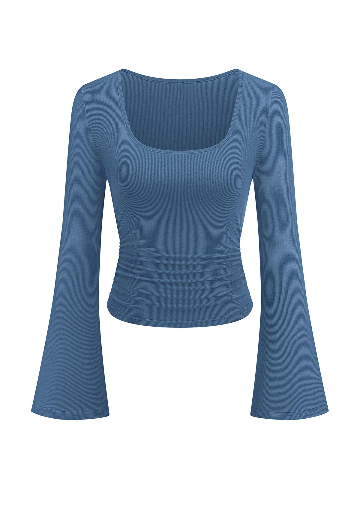 PRETTYGARDEN Womens Bell Long Sleeve Shirts Going Out Tops | Soft Stretchy Ribbed Knit, Square Neck, Slim Fit Y2K Clothes, Trendy Side Ruched, Layering Tee for Casual Fall & Winter Wear