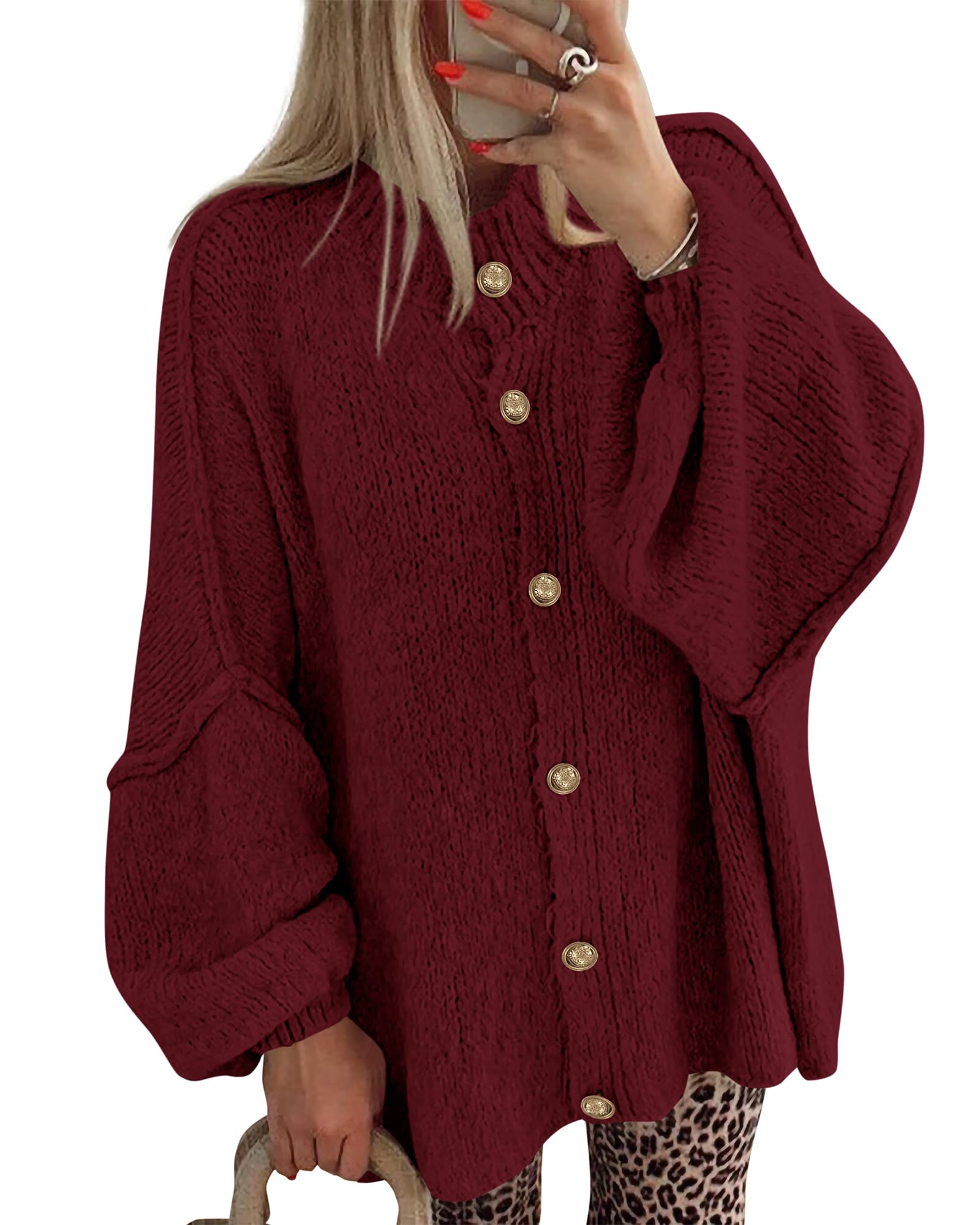 FreshPretty Cardigan Sweaters for Women Fall Clothes Lantern Long Sleeve Button Open Front Chunky Knit Oversized Sweater