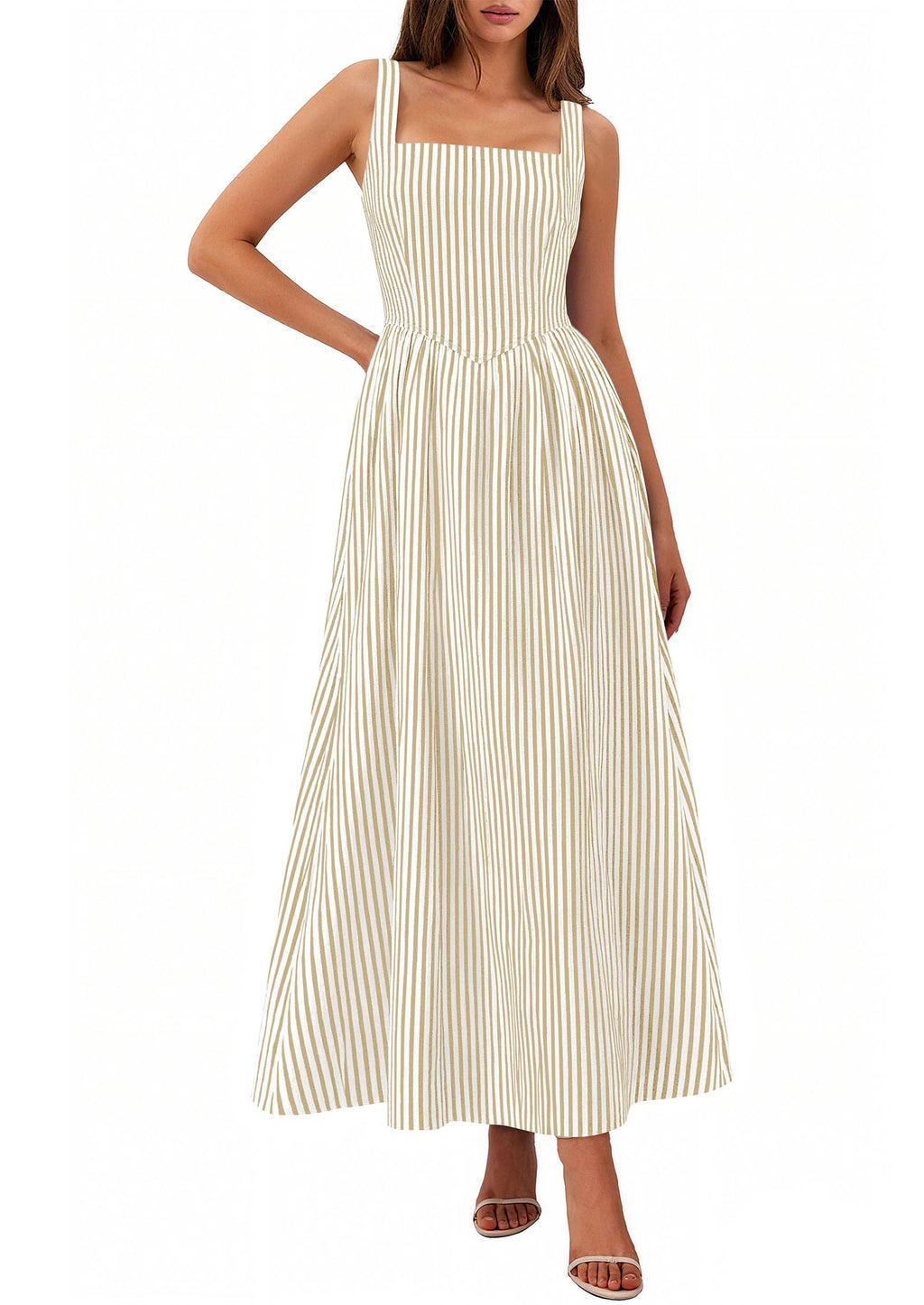 PRETTYGARDEN Women's Maxi Striped Dress Summer Sleeveless Square Neck Smocked A Line Long Flowy Spring Vacation Sundress