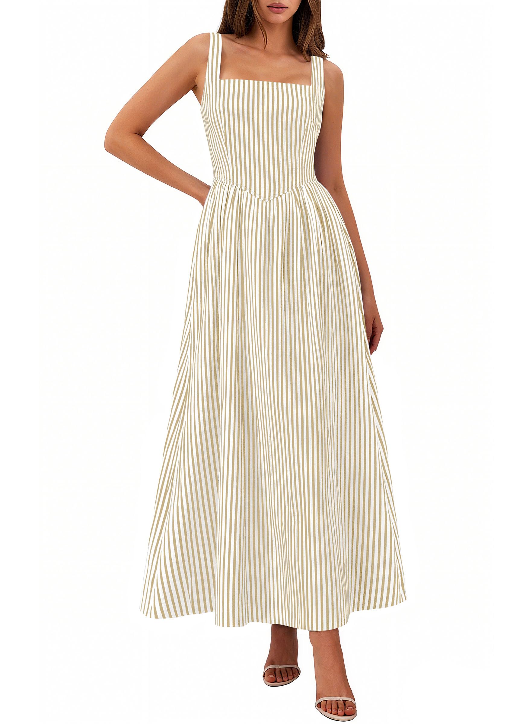 PRETTYGARDEN Women's Maxi Striped Dress Summer Sleeveless Square Neck Smocked A Line Long Flowy Spring Vacation Sundress