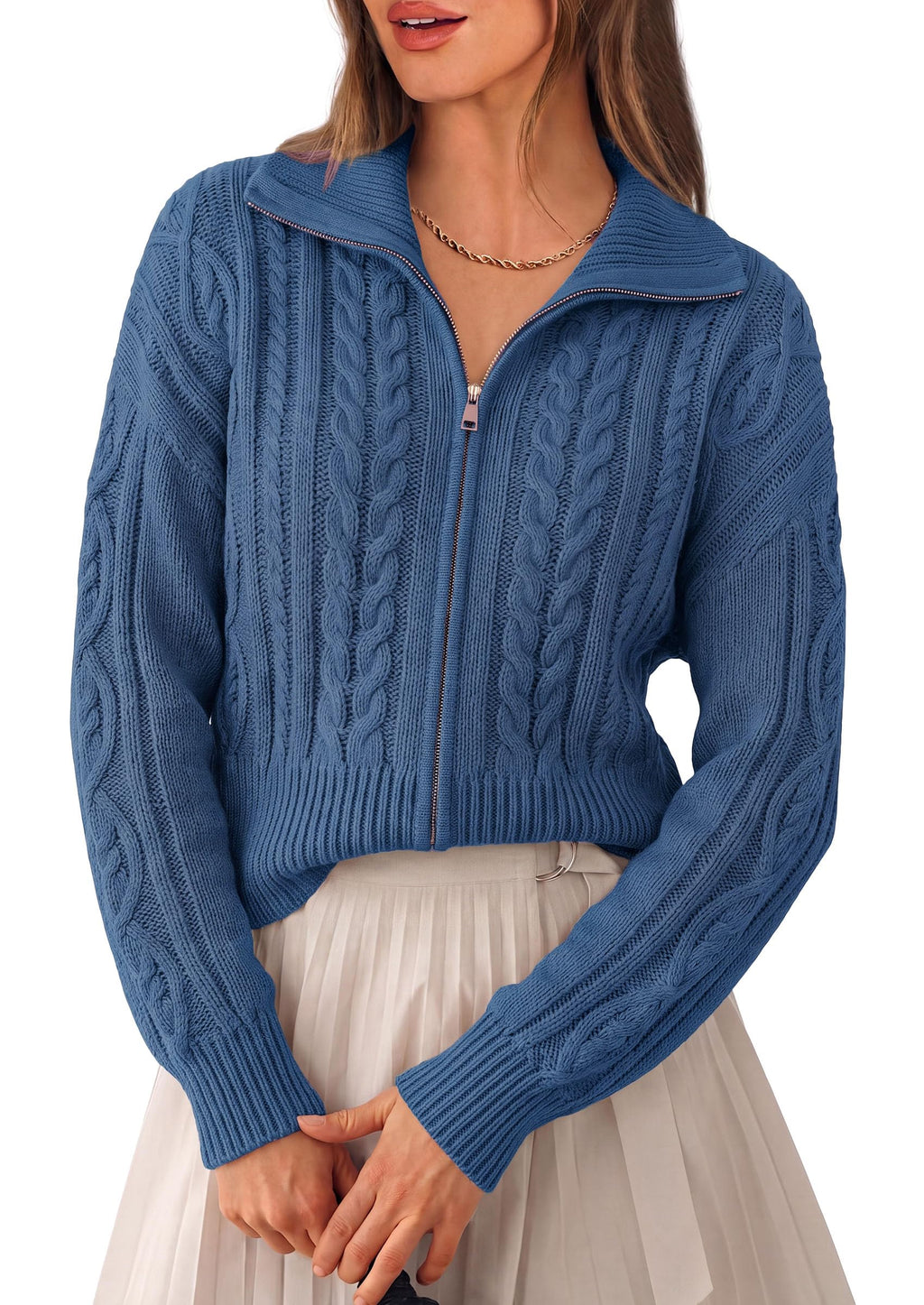 PRETTYGARDEN Women's Cable Knit Cropped Cardigan Sweaters Oversized Sweater, Long Sleeve Zip Up Jacket, Collared Neck, Ribbed Hem, Cozy Soft Casual Wear, Fall Clothes Winter Outerwear