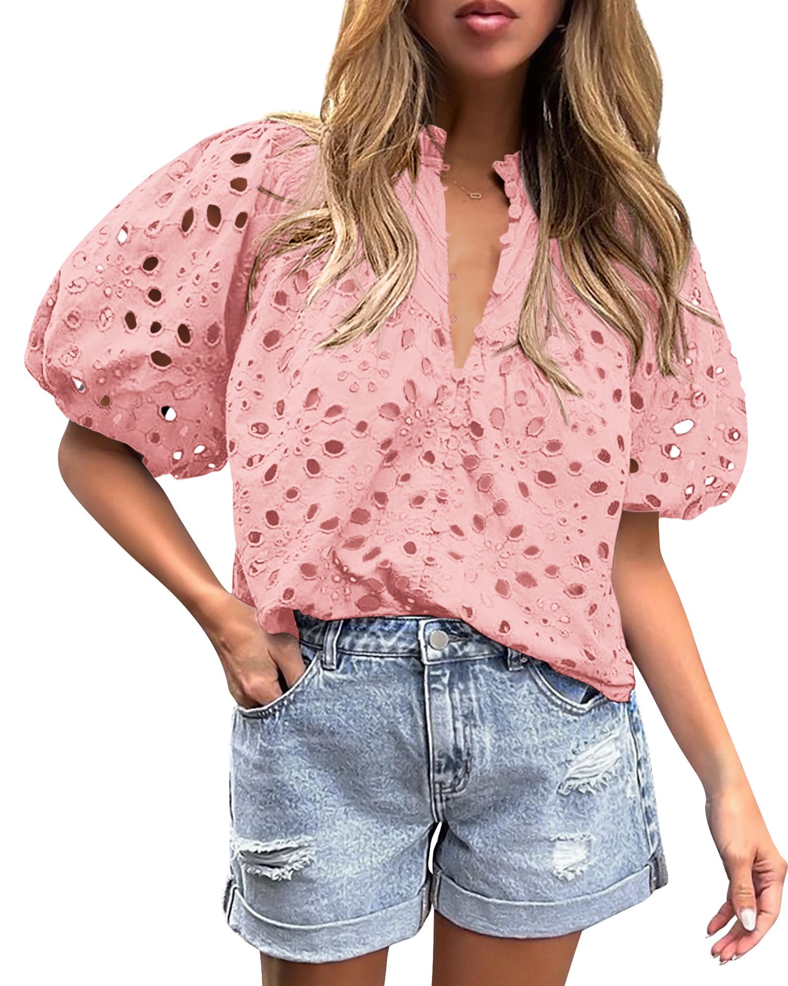PRETTYGARDEN Women's Summer Tops Dressy Casual Short Sleeve V Neck Buttons Hollow Out Lace Embroidered Blouses Shirts
