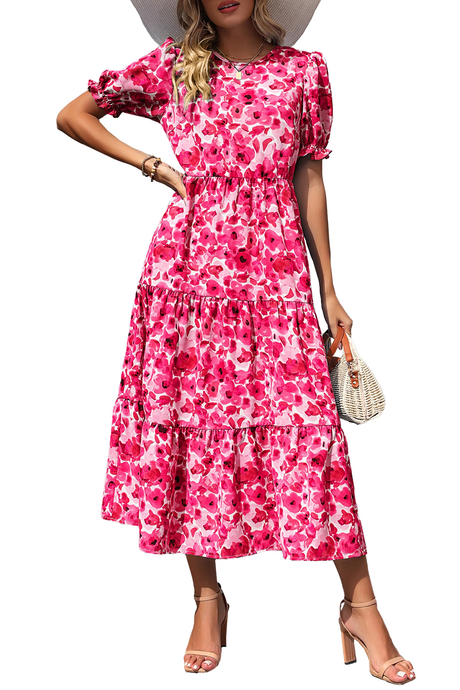 PRETTYGARDEN Summer Dresses for Women Casual Floral Boho Midi Sun Dress Puff Short Sleeve Flowy Beach Vacation Sundress