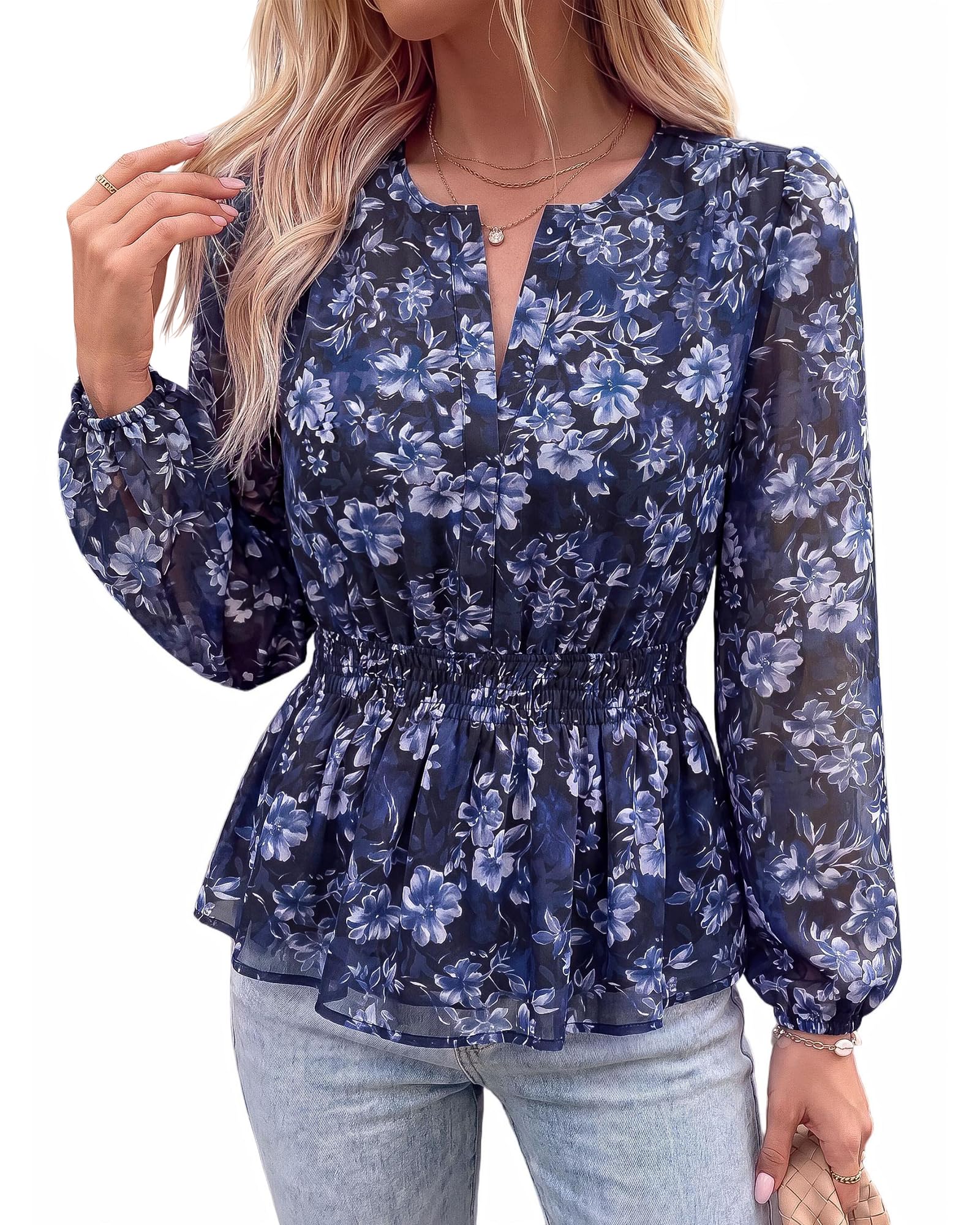 BTFBM Womens Tops Dressy Casual Floral V Neck Long Sleeve Chiffon Shirts | Chiffon Lantern Sleeve Flowy Peplum Sheer Top,Elastic Waist Babydoll Blouses,Boho Vacation Outfits,Fall Fashion Clothing