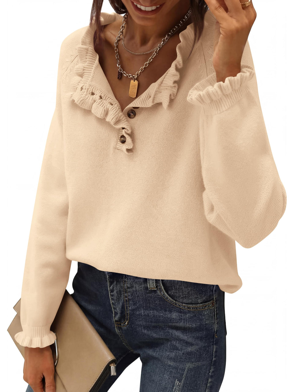 BTFBM Womens Sweaters Fall Winter Clothes Long Sleeve Button Down Ruffle Crew Neck Casual Knitted Pullover Tops