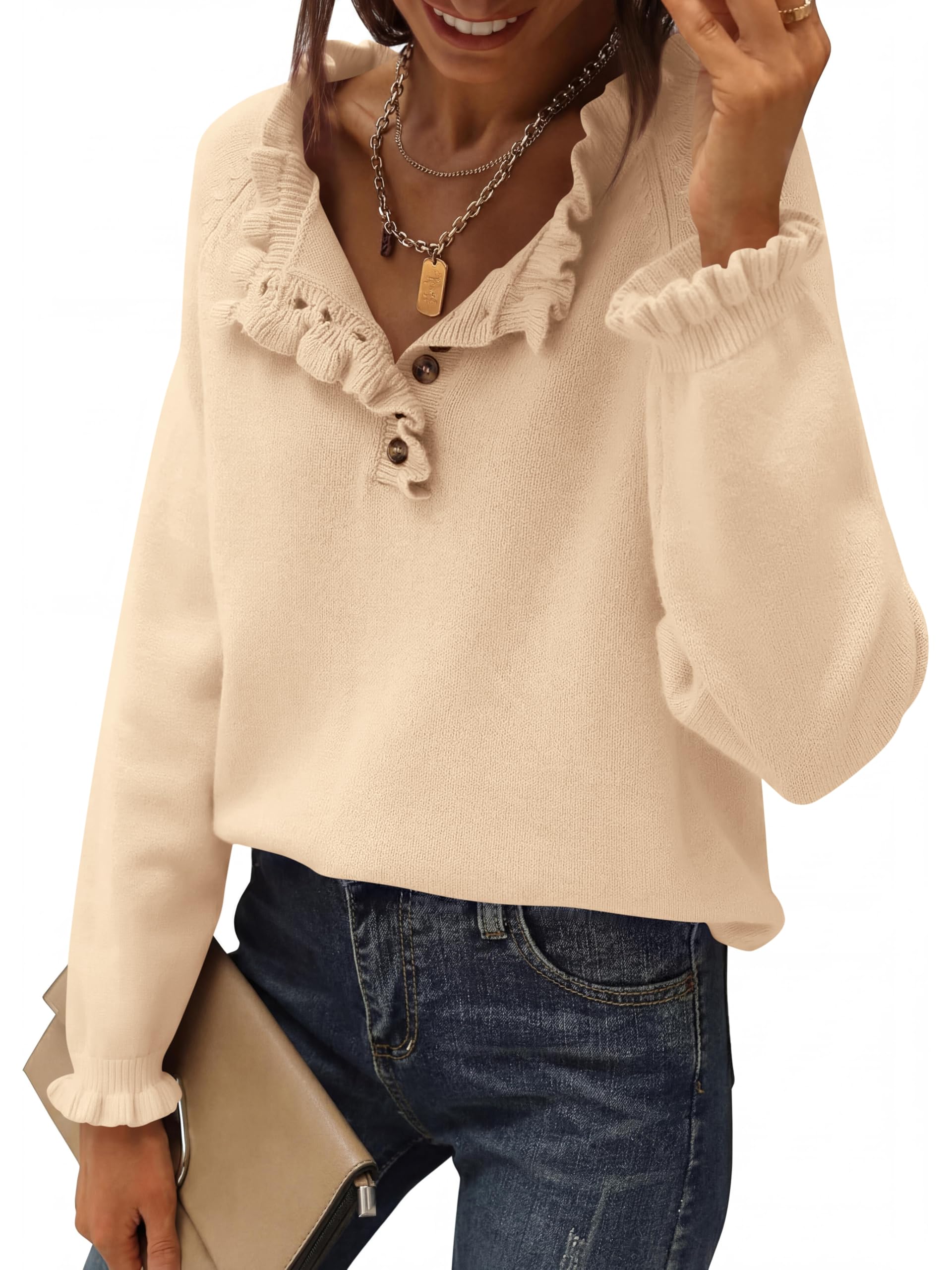 BTFBM Womens Sweaters Fall Winter Clothes Long Sleeve Button Down Ruffle Crew Neck Casual Knitted Pullover Tops
