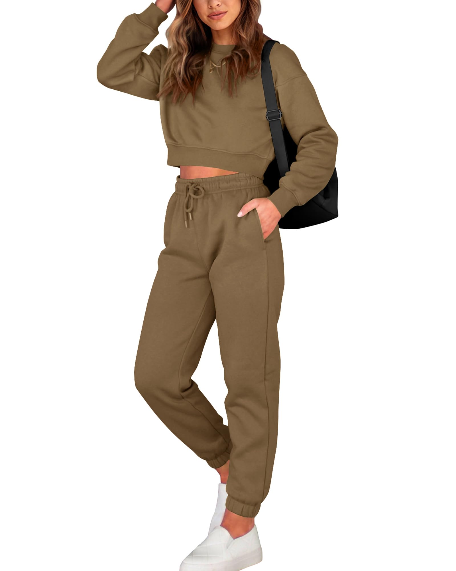 FreshPretty Women 2 Piece Outfits Long Sleeve Crop Top Pullover Drawstring Pant Jogger Set Casual Sweatsuits Tracksuit Pockets