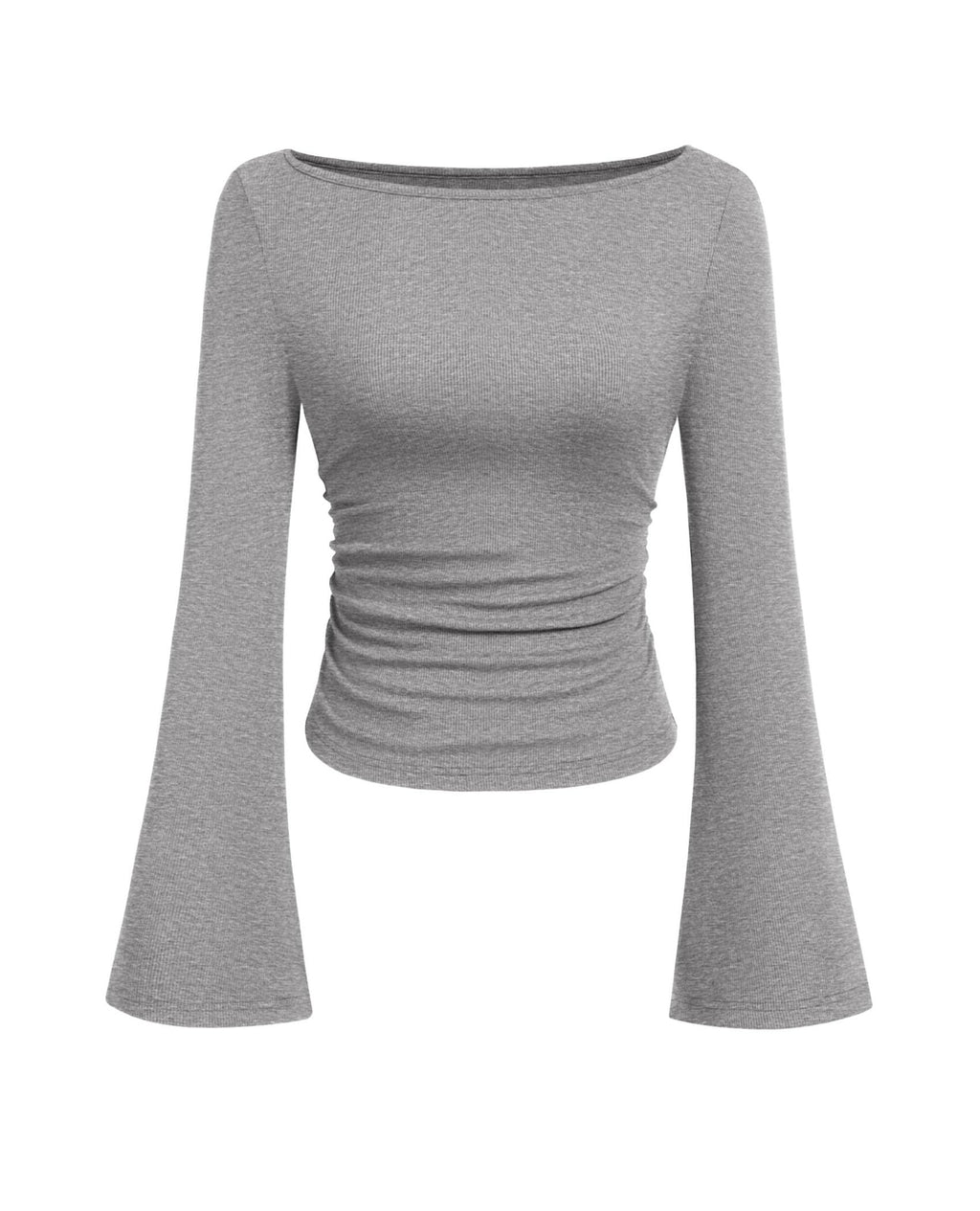 PRETTYGARDEN Women's Long Sleeve Shirts Fall Crop Going Out Tops Casual Boat Neck Bell Sleeve Ribbed Ruched Y2K Clothes