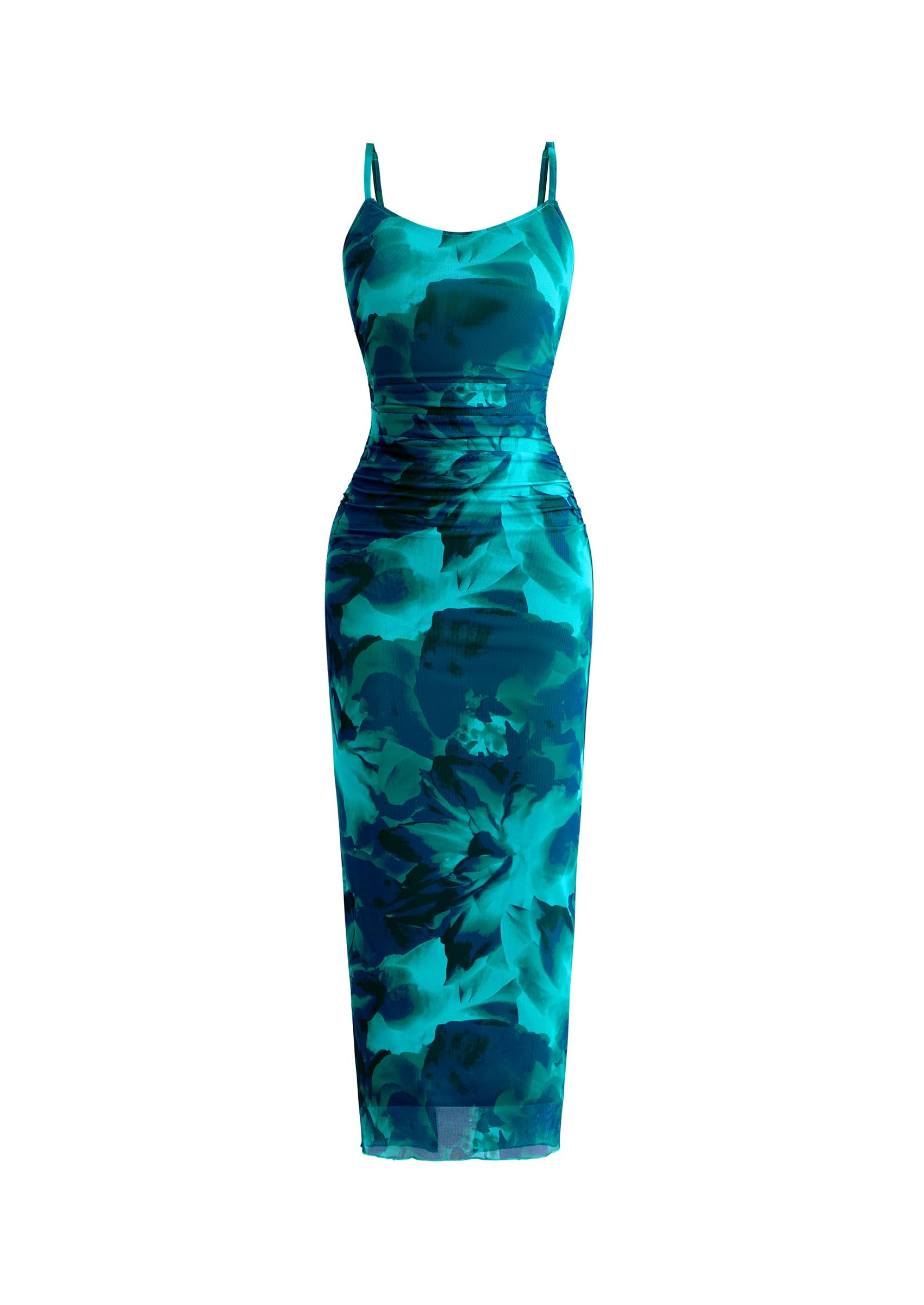 PRETTYGARDEN Summer Wedding Guest Dresses for Women Spaghetti Strap Mesh Bodycon Beach Vacation Floral Maxi Long Dresses