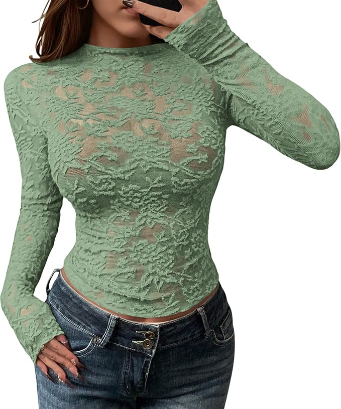 FreshPretty Mesh Long Sleeve Tops for Women Lace Sexy Sheer Tight See Through Crew Neck Spring Fall Party Club Outfits